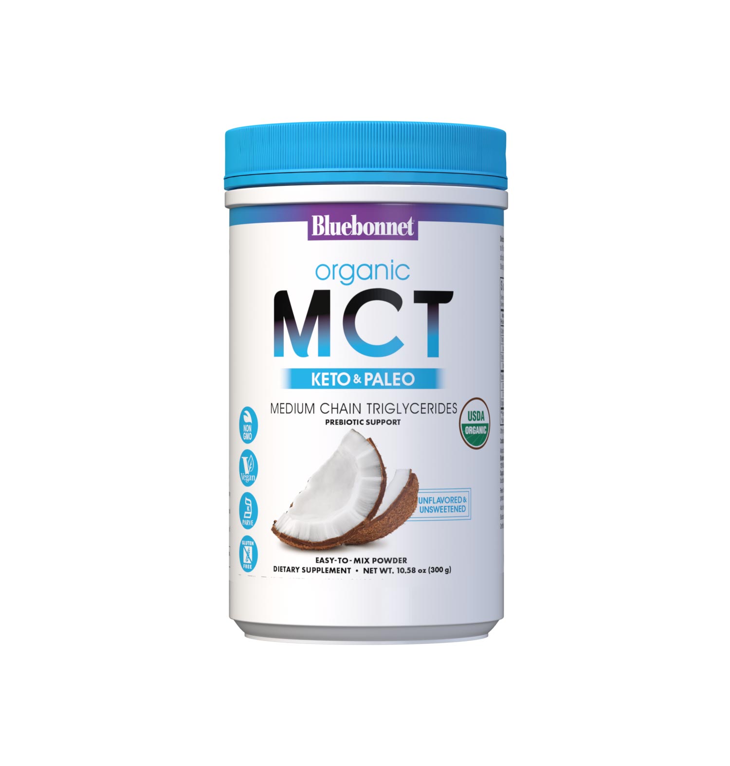 Bluebonnet’s Organic MCT Powder (10.58 oz canister) is carefully crafted from organic coconut oil and placed on a base of organic acacia prebiotic powder to further aid in healthy digestion. Medium chain triglycerides are ketogenic and rapidly absorbed. As an energy source, they can fuel both the brain and body for improved cognitive and athletic performance, as well as support weight management. #size_10.58 oz