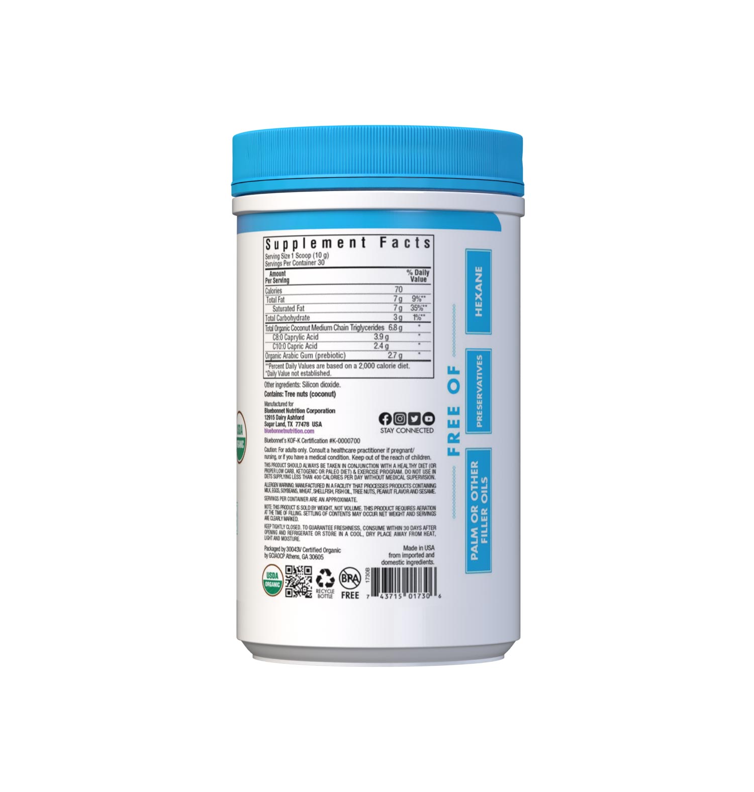 Bluebonnet’s Organic MCT Powder (10.58 oz canister) is carefully crafted from organic coconut oil and placed on a base of organic acacia prebiotic powder to further aid in healthy digestion. Medium chain triglycerides are ketogenic and rapidly absorbed. As an energy source, they can fuel both the brain and body for improved cognitive and athletic performance, as well as support weight management. Supplement facts panel. #size_10.58 oz