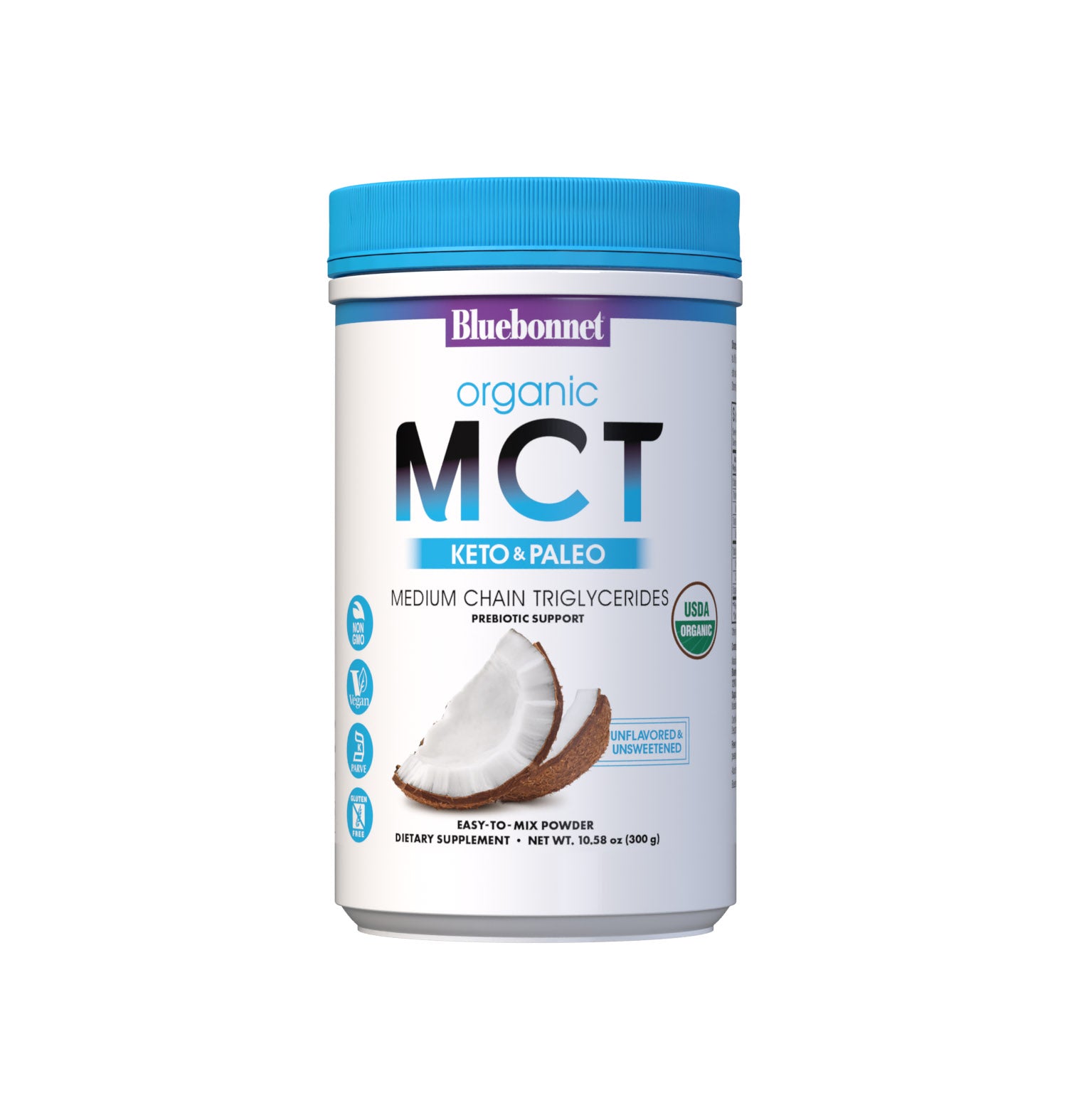Bluebonnet’s Organic MCT Powder (10.58 oz canister) is carefully crafted from organic coconut oil and placed on a base of organic acacia prebiotic powder to further aid in healthy digestion. Medium chain triglycerides are ketogenic and rapidly absorbed. As an energy source, they can fuel both the brain and body for improved cognitive and athletic performance, as well as support weight management. #size_10.58 oz