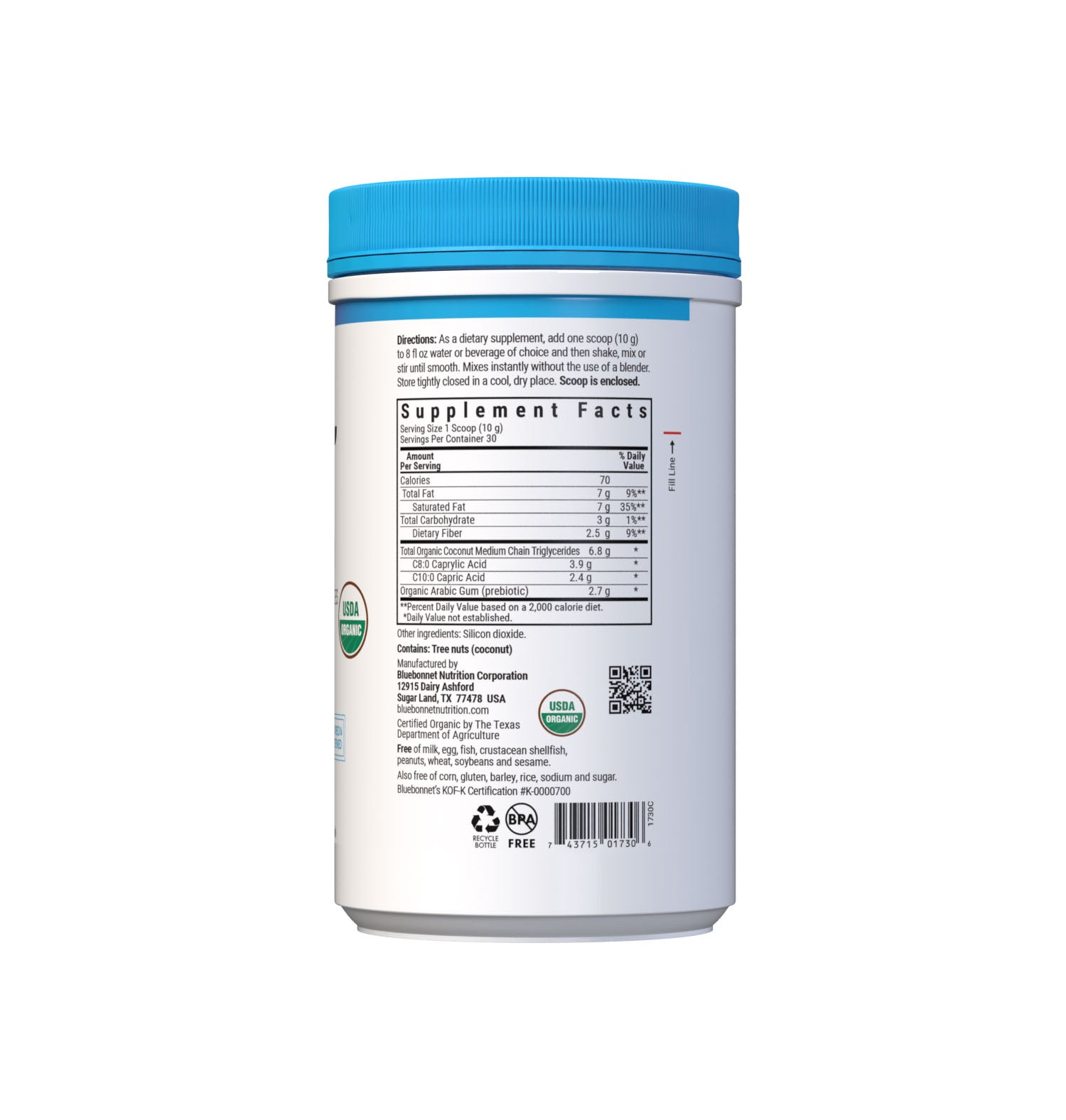 Bluebonnet’s Organic MCT Powder (10.58 oz canister) is carefully crafted from organic coconut oil and placed on a base of organic acacia prebiotic powder to further aid in healthy digestion. Medium chain triglycerides are ketogenic and rapidly absorbed. As an energy source, they can fuel both the brain and body for improved cognitive and athletic performance, as well as support weight management. Supplement facts panel. #size_10.58 oz