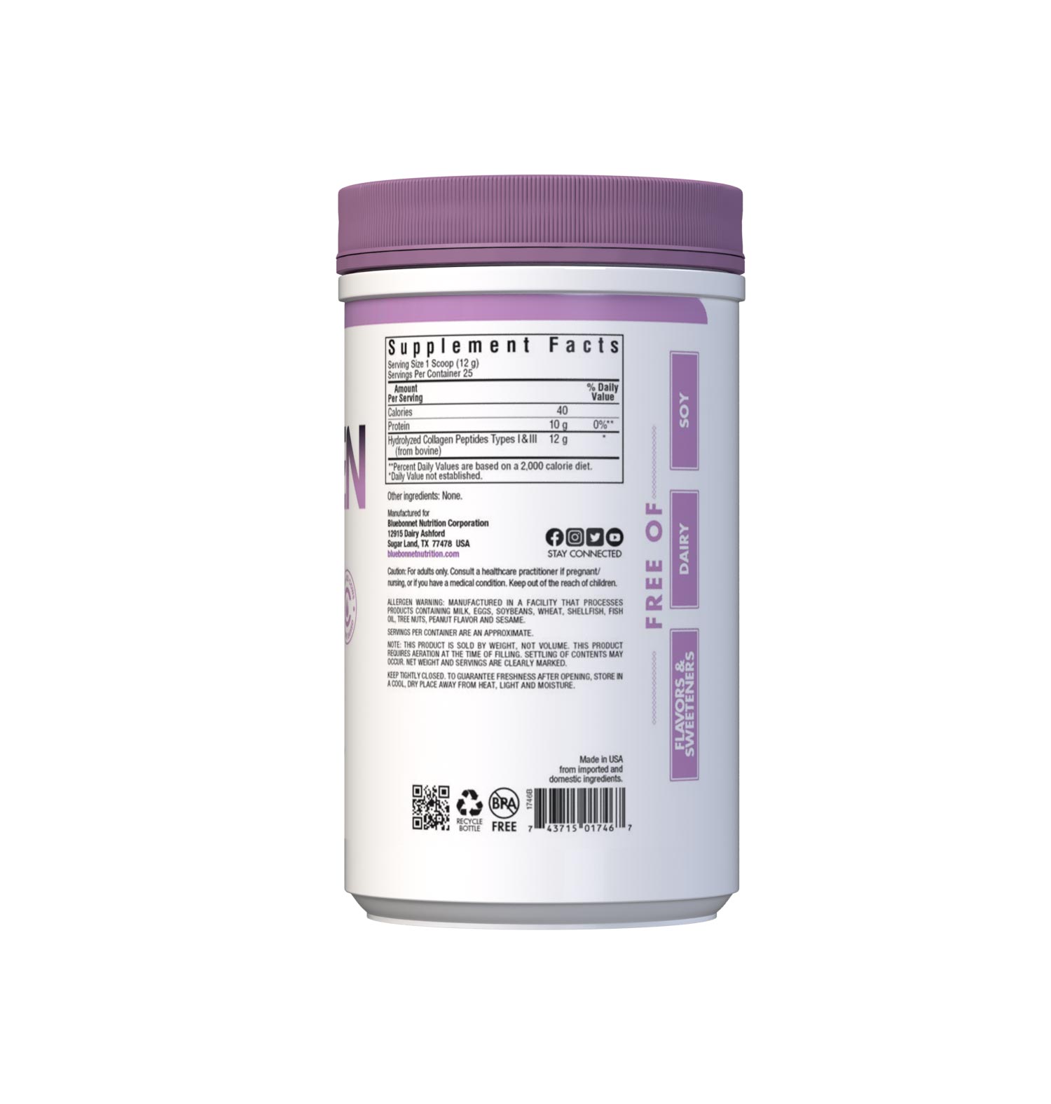 Bluebonnet’s HYDROLYZED COLLAGEN Powder (10.58 oz canister) is carefully crafted to revive hair, skin and nails as part of a daily beauty regimen with collagen peptides types I & III that are sourced from grass-fed cows. Collagen peptides help to replenish nutrients lost over time by boosting collagen production, which helps to strengthen hair and nails while supporting the skin’s hydration balance and elasticity to counteract visible signs of aging. Supplement facts panel. #size_10.58 oz