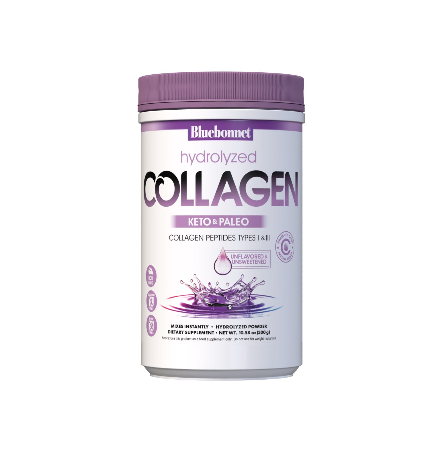Bluebonnet’s HYDROLYZED COLLAGEN Powder (10.58 oz canister) is carefully crafted to revive hair, skin and nails as part of a daily beauty regimen with collagen peptides types I & III that are sourced from grass-fed cows. Collagen peptides help to replenish nutrients lost over time by boosting collagen production, which helps to strengthen hair and nails while supporting the skin’s hydration balance and elasticity to counteract visible signs of aging. #size_10.58 oz