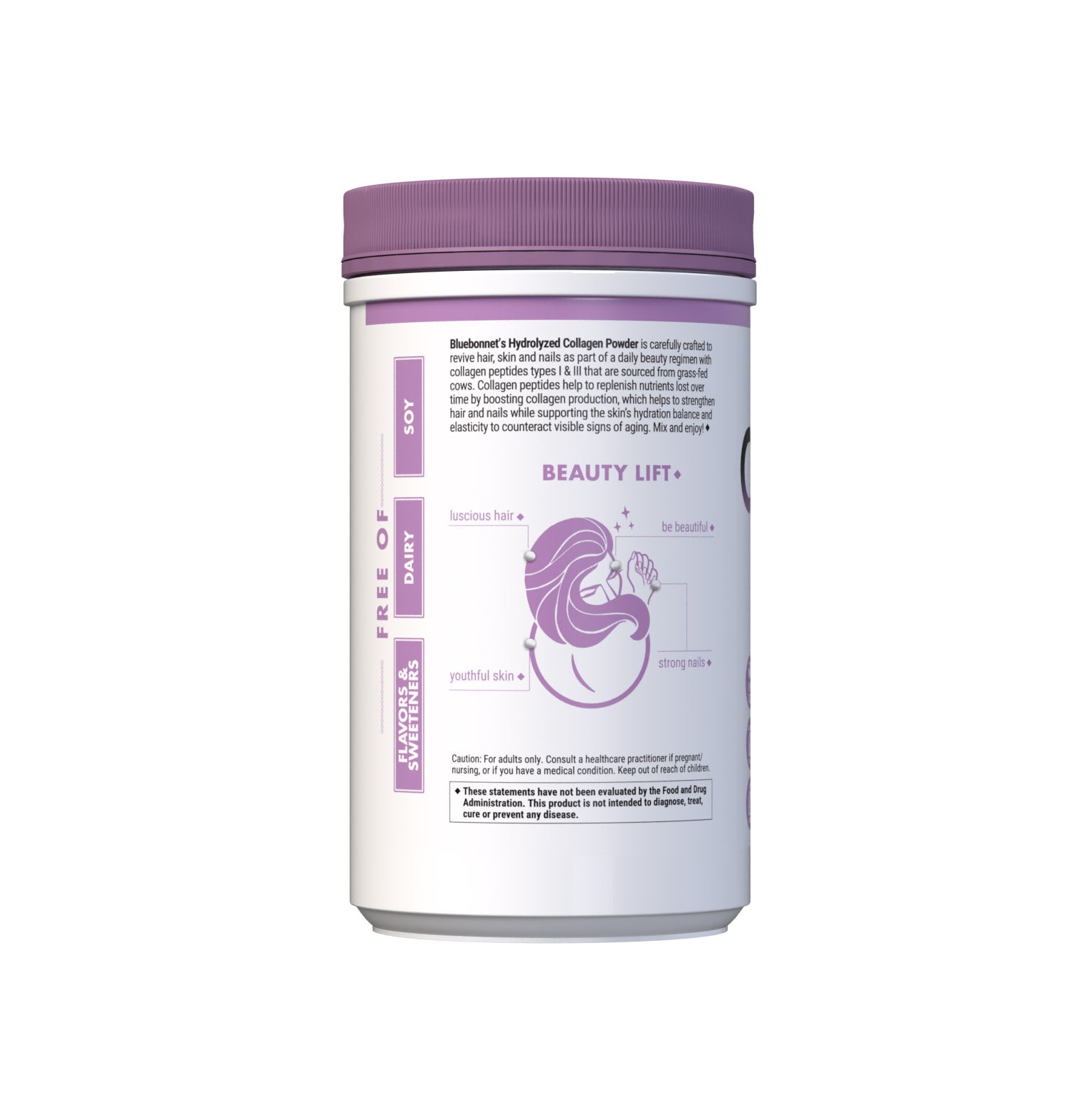 Bluebonnet’s HYDROLYZED COLLAGEN Powder (10.58 oz canister) is carefully crafted to revive hair, skin and nails as part of a daily beauty regimen with collagen peptides types I & III that are sourced from grass-fed cows. Collagen peptides help to replenish nutrients lost over time by boosting collagen production, which helps to strengthen hair and nails while supporting the skin’s hydration balance and elasticity to counteract visible signs of aging. Description panel. #size_10.58 oz