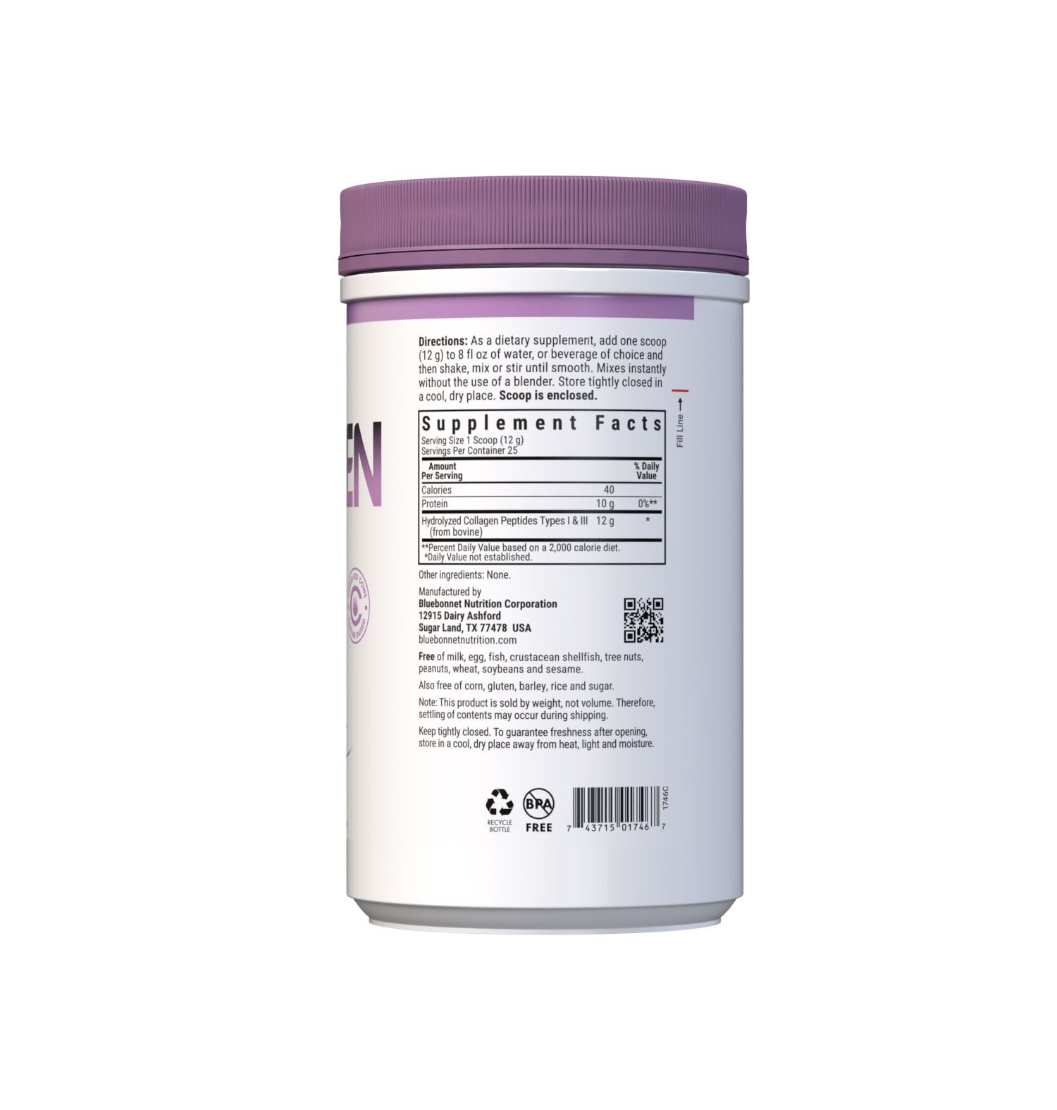 Bluebonnet’s HYDROLYZED COLLAGEN Powder (10.58 oz canister) is carefully crafted to revive hair, skin and nails as part of a daily beauty regimen with collagen peptides types I & III that are sourced from grass-fed cows. Collagen peptides help to replenish nutrients lost over time by boosting collagen production, which helps to strengthen hair and nails while supporting the skin’s hydration balance and elasticity to counteract visible signs of aging. Supplement facts panel. #size_10.58 oz