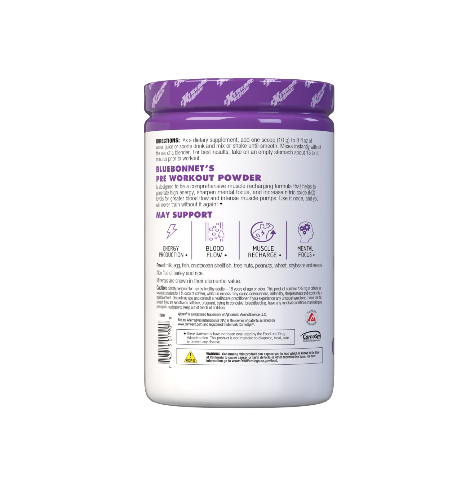 Bluebonnet's Grape Flavored Pre Workout powder is designed to be one of the most comprehensive, muscle recharging formulas ever created. This triple-turbo, super-charged formula generates high energy, sharpens mental concentration, and increases nitric oxide (NO) levels for greater blood flow and intense muscle pumps. Description panel. #size_1.32 lb