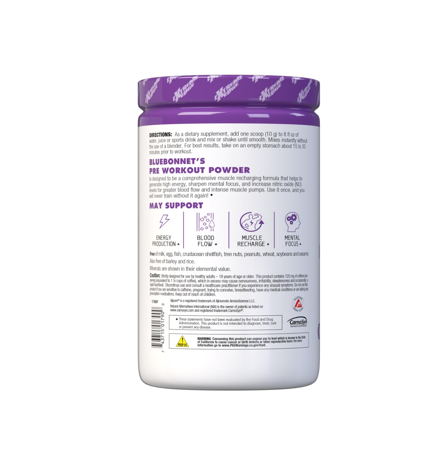 Bluebonnet's Grape Flavored Pre Workout powder is designed to be one of the most comprehensive, muscle recharging formulas ever created. This triple-turbo, super-charged formula generates high energy, sharpens mental concentration, and increases nitric oxide (NO) levels for greater blood flow and intense muscle pumps. Description panel. #size_1.32 lb
