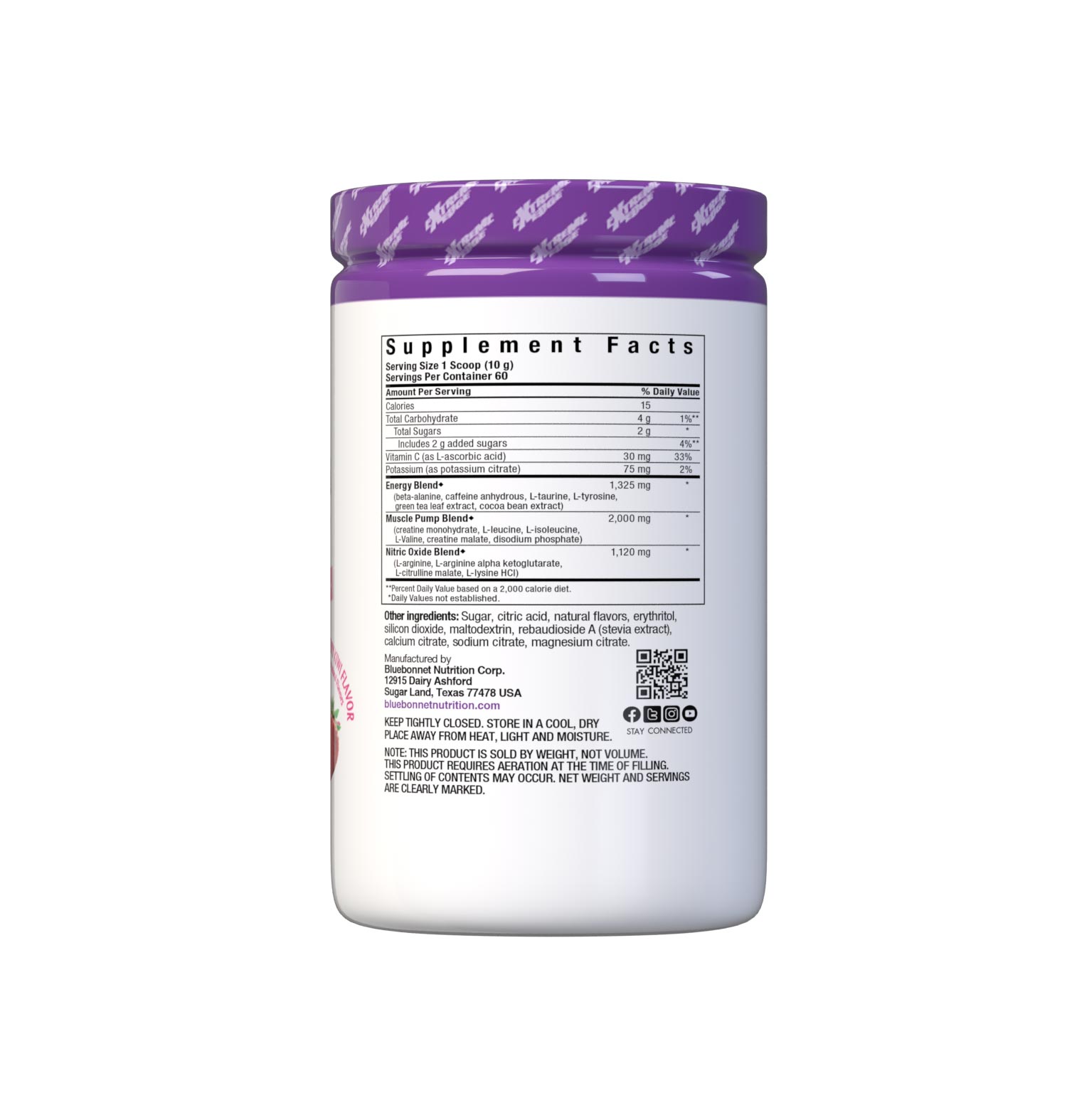 Bluebonnet's Strawberry Kiwi Flavored Pre Workout powder is designed to be one of the most comprehensive, muscle recharging formulas ever created. This triple-turbo, super-charged formula generates high energy, sharpens mental concentration, and increases nitric oxide (NO) levels for greater blood flow and intense muscle pumps. Supplement facts panel. #size_1.32 lb