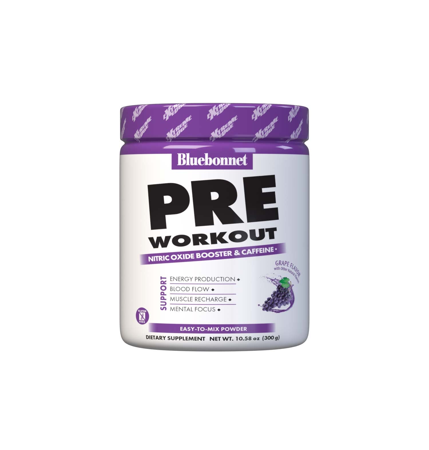 Bluebonnet's Grape Flavored Pre Workout powder is designed to be one of the most comprehensive, muscle recharging formulas ever created. This triple-turbo, super-charged formula generates high energy, sharpens mental concentration, and increases nitric oxide (NO) levels for greater blood flow and intense muscle pumps. #size_0.66 lb