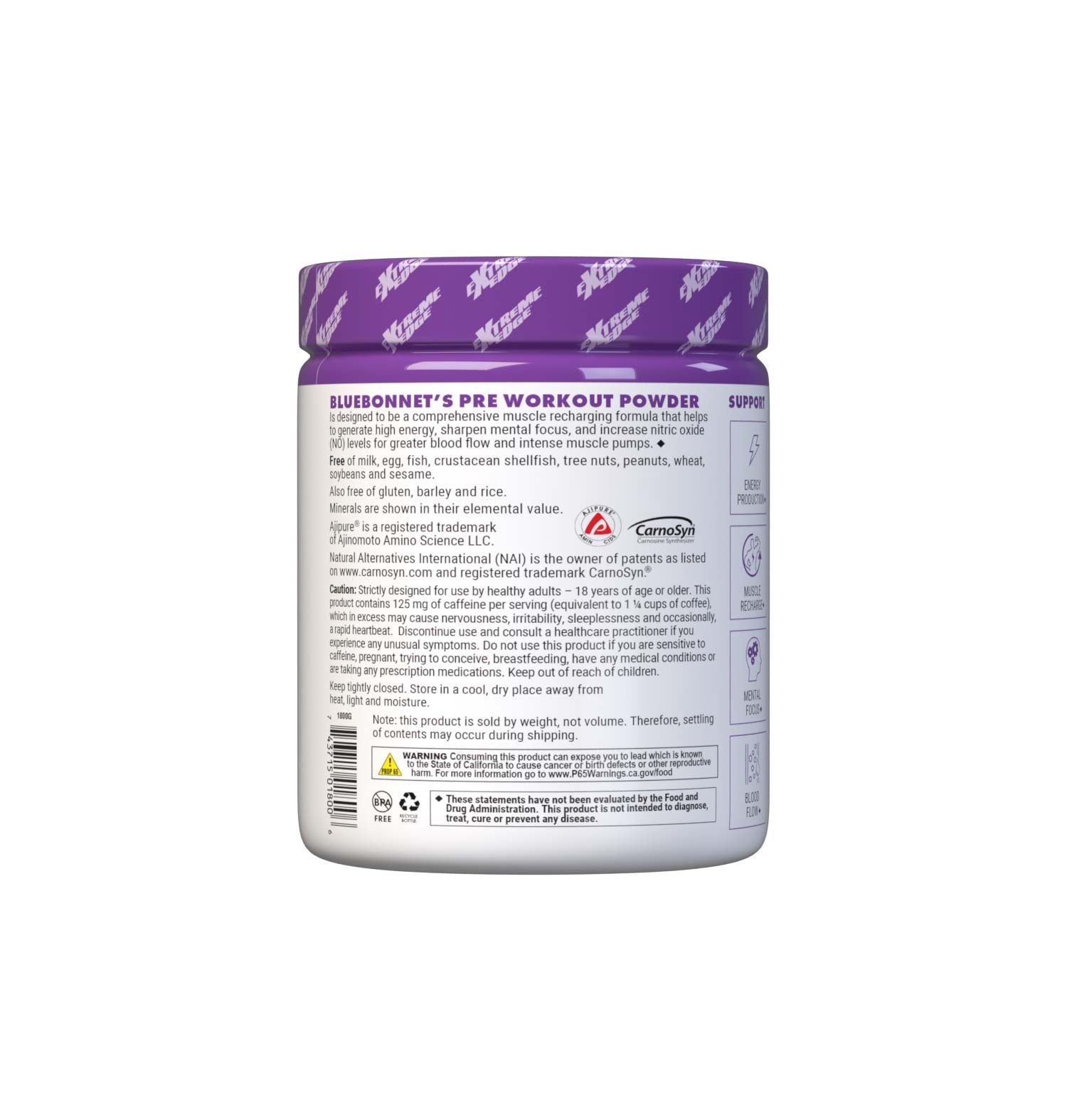 Bluebonnet's Grape Flavored Pre Workout powder is designed to be one of the most comprehensive, muscle recharging formulas ever created. This triple-turbo, super-charged formula generates high energy, sharpens mental concentration, and increases nitric oxide (NO) levels for greater blood flow and intense muscle pumps. Description panel. #size_0.66 lb