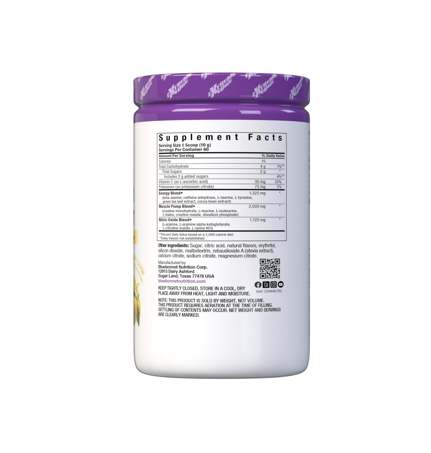 Bluebonnet's Lemon Flavored Pre Workout powder is designed to be one of the most comprehensive, muscle recharging formulas ever created. This triple-turbo, super-charged formula generates high energy, sharpens mental concentration, and increases nitric oxide (NO) levels for greater blood flow and intense muscle pumps. Supplement facts panel. #size_1.32 lb