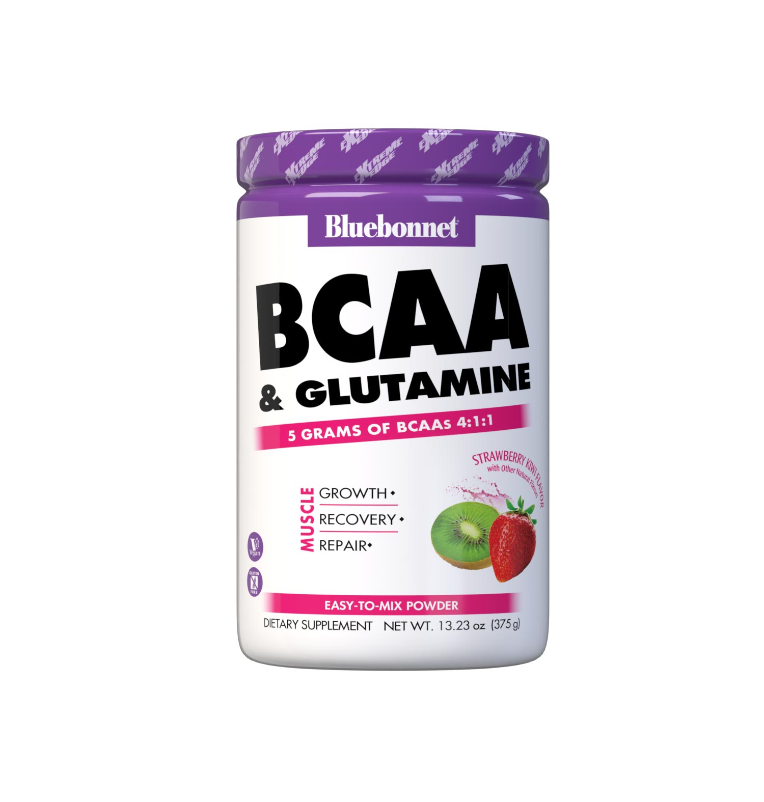BCAA and Glutamine Strawberry Kiwi Flavor features the scientifically substantiated 4:1:1 ratio (leucine: isoleucine: valine) of fermented branched chain amino acids plus 1000 mg of free-form L-glutamine, which works in conjunction with L-leucine to improve muscle growth and repair. Fermented BCAA uses only vegetable-based sources, making it a cleaner, superior product. BCAA, leucine in particular, helps improve workout intensity and stimulates protein synthesis for increased muscle mass. #size_13.23 oz