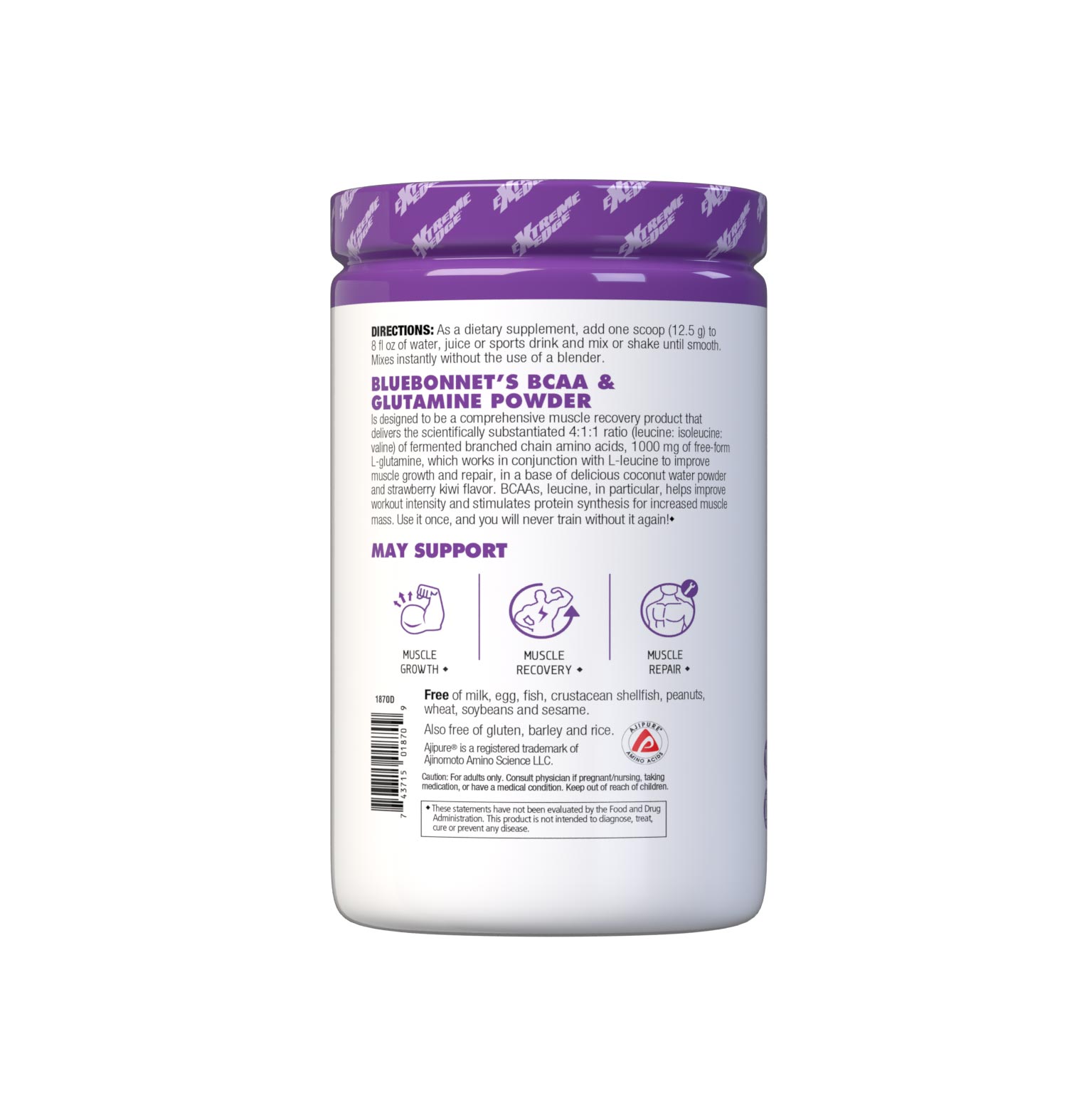 BCAA and Glutamine features the scientifically substantiated 4:1:1 ratio (leucine: isoleucine: valine) of fermented branched chain amino acids plus 1000 mg of free-form L-glutamine, which works in conjunction with L-leucine to improve muscle growth and repair. Fermented BCAA uses only vegetable-based sources, making it a cleaner, superior product. BCAA, leucine in particular, helps improve workout intensity and stimulates protein synthesis for increased muscle mass. Description panel. #size_13.23 oz
