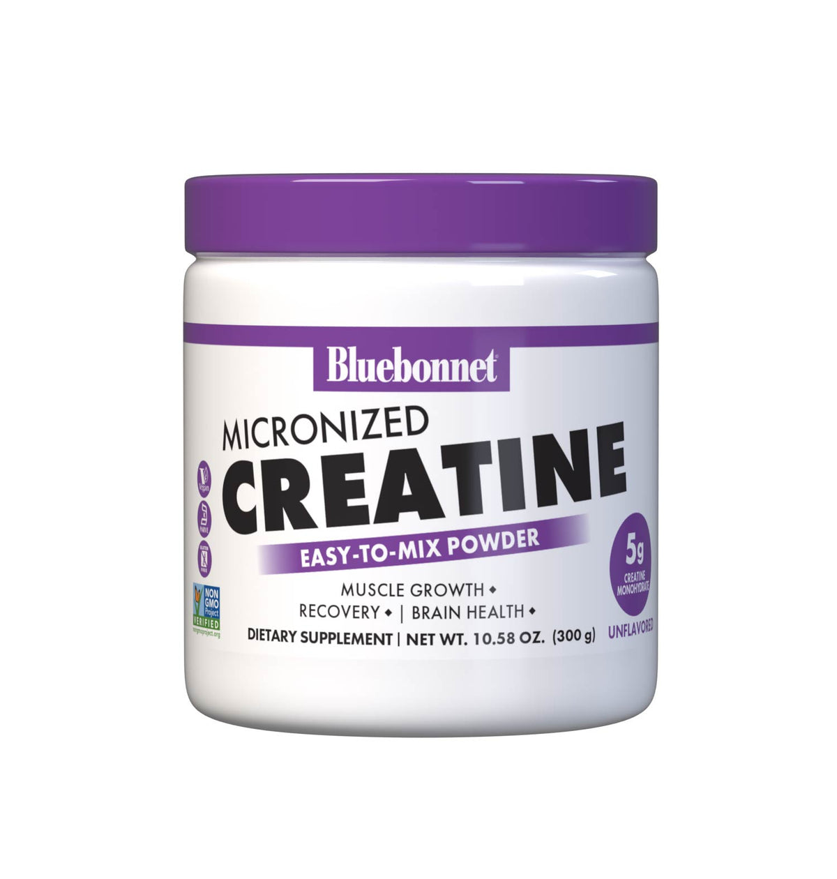 Bluebonnet's micronized creatine powder for muscle growth, lean muscle mass and fast recovery. Easy-to-mix unflavored powder. Front panel. #size_10.58oz