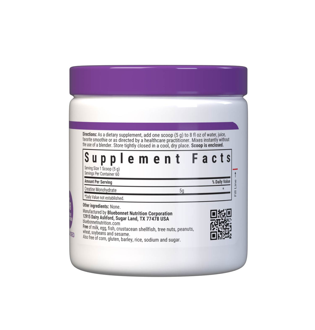 Bluebonnet's micronized creatine powder for muscle growth, lean muscle mass and fast recovery. Easy-to-mix unflavored powder. Supplement facts panel. #size_10.58oz