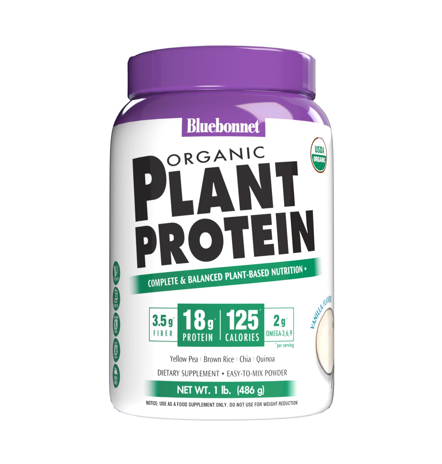 Bluebonnet’s Organic Plant Protein Vanilla flavored Powder provides significant quantities of sustainably harvested plant proteins: Organic sprouted whole grain brown rice protein concentrate, Organic yellow pea protein isolate, Organic chia sprout protein, Organic instantized quinoa seed protein. This unique blend of four powerful plant proteins collectively delivers a balance of all nine essential amino acids similar to high-quality animal protein. #size_1 lb
