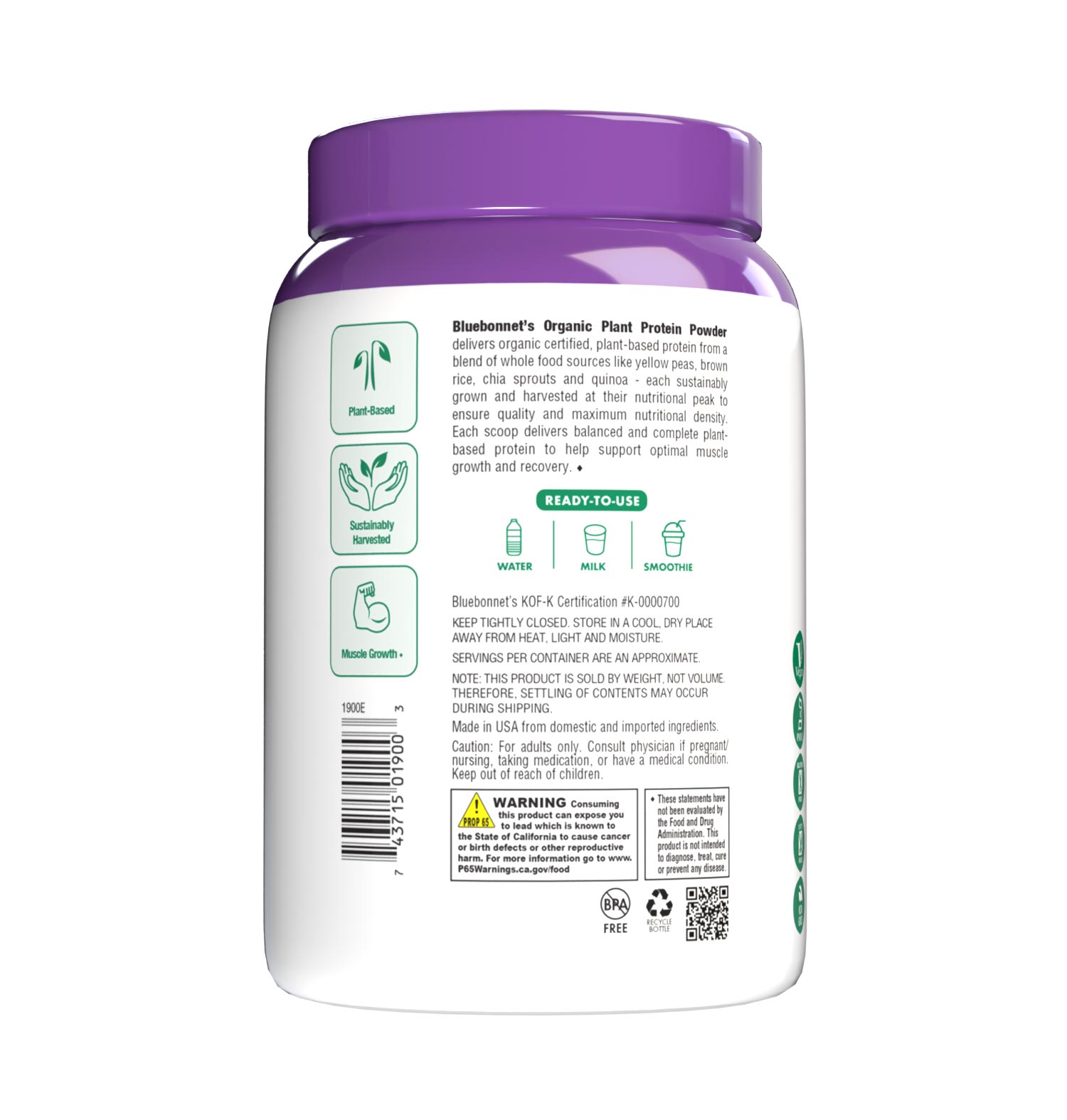 Bluebonnet’s Organic Plant Protein Vanilla flavored Powder provides significant quantities of sustainably harvested plant proteins: Organic sprouted whole grain brown rice protein concentrate, Organic yellow pea protein isolate, Organic chia sprout protein, Organic instantized quinoa seed protein. This unique blend of four powerful plant proteins collectively delivers a balance of all nine essential amino acids similar to high-quality animal protein. Supplement facts panel #size_1 lb