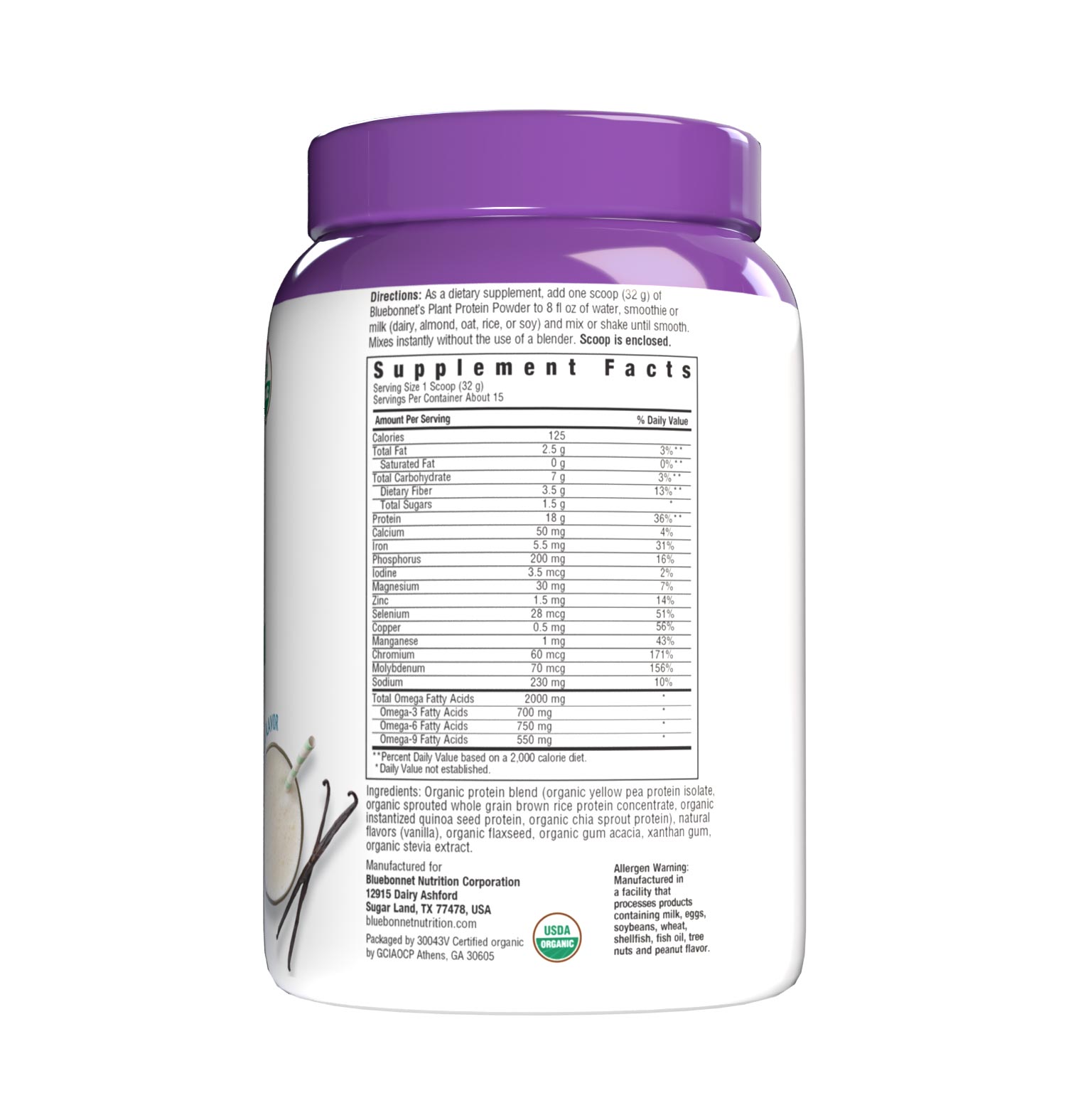 Bluebonnet’s Organic Plant Protein Vanilla flavored Powder provides significant quantities of sustainably harvested plant proteins: Organic sprouted whole grain brown rice protein concentrate, Organic yellow pea protein isolate, Organic chia sprout protein, Organic instantized quinoa seed protein. This unique blend of four powerful plant proteins collectively delivers a balance of all nine essential amino acids similar to high-quality animal protein. Supplement facts panel #size_1 lb