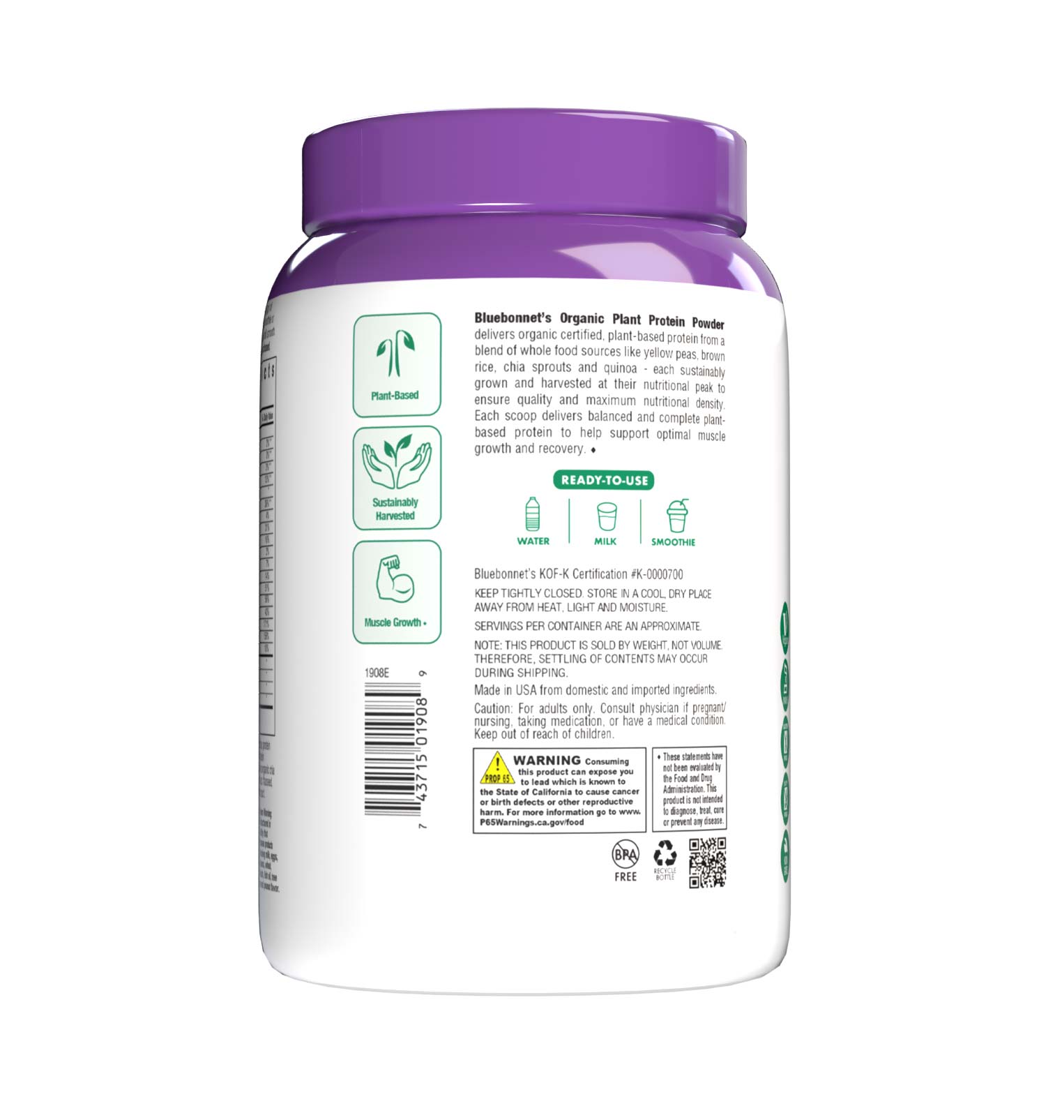 Bluebonnet’s Organic Plant Protein Chocolate flavored Powder provides significant quantities of sustainably harvested plant proteins: Organic sprouted whole grain brown rice protein concentrate, Organic yellow pea protein isolate, Organic chia sprout protein, Organic instantized quinoa seed protein. This unique blend of four powerful plant proteins collectively delivers a balance of all nine essential amino acids similar to high-quality animal protein. Description panel. #size_1 lb