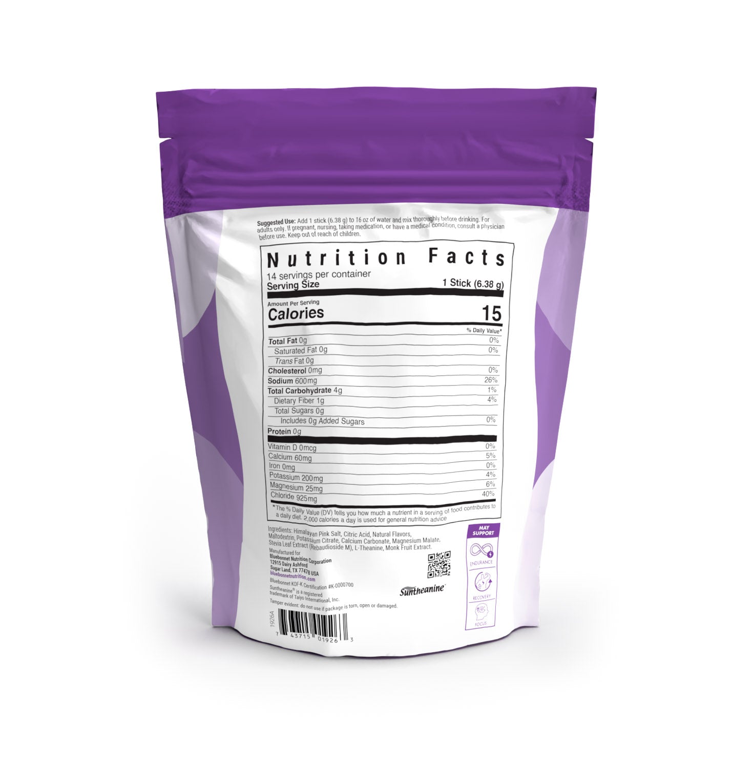 Bluebonnet Hydration Electrolyte Drink Mix for endurance, recovery & focus. Lemon lime flavor. Nutrition facts panel. #Flavor_Lemon Lime (14 pk)