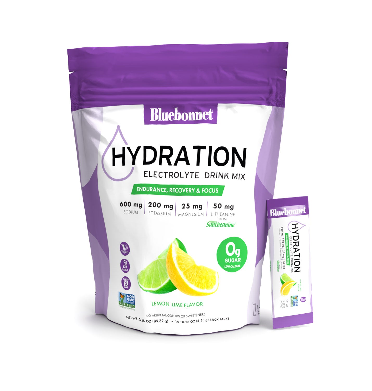 Bluebonnet Hydration Electrolyte Drink Mix for endurance, recovery & focus. Lemon lime flavor. Contains 600 mg Sodium, 200 mg potassium, 25 mg magnesium as well as 50 mg l-theanine from Suntheanine per serving. Has no artificial colors or sweetners. #Flavor_Lemon Lime (14 pk)