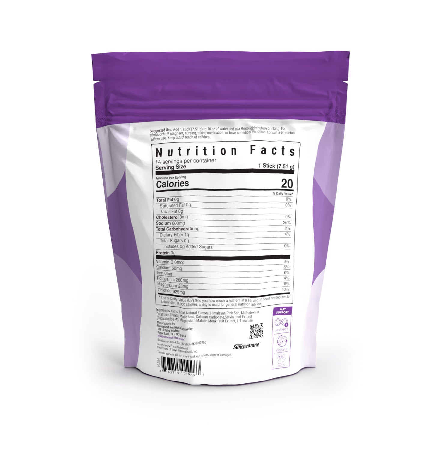 Bluebonnet Hydration Electrolyte Drink Mix for endurance, recovery & focus. Glacier Pop flavor. Contains 600 mg Sodium, 200 mg potassium, 25 mg magnesium as well as 50 mg l-theanine from Suntheanine per serving. Has no artificial colors or sweetners. Nutrition facts panel, back. #Flavor_Glacier Pop