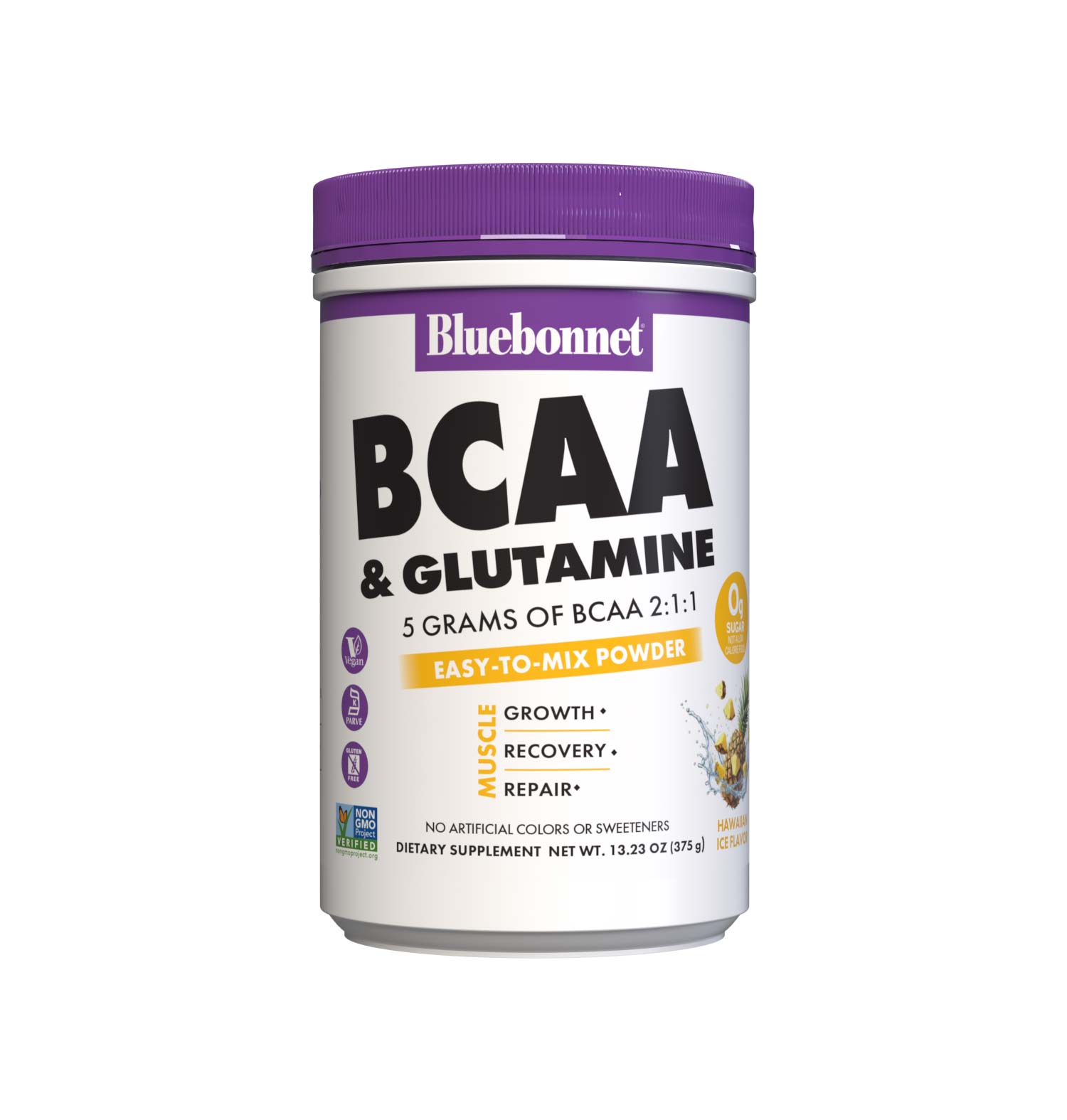 BCAA and Glutamine Hawaiian IceFlavor features the scientifically substantiated 2:1:1 ratio (leucine: isoleucine: valine) of fermented branched chain amino acids plus 1000 mg of free-form L-glutamine, which works in conjunction with L-leucine to improve muscle growth and repair. #size_13.23 oz