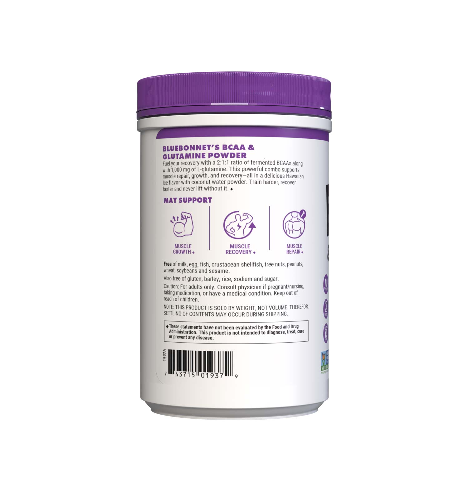BCAA and Glutamine Hawaiian IceFlavor features the scientifically substantiated 2:1:1 ratio (leucine: isoleucine: valine) of fermented branched chain amino acids plus 1000 mg of free-form L-glutamine, which works in conjunction with L-leucine to improve muscle growth and repair. Description panel. #size_13.23 oz