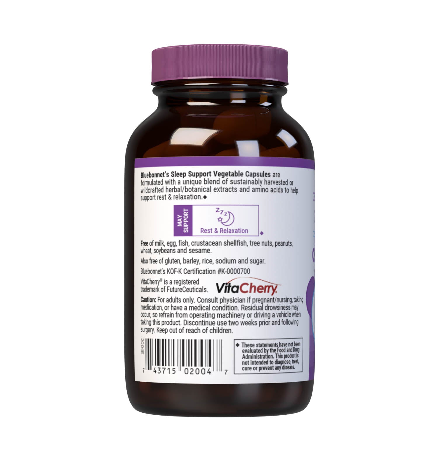 Bluebonnet’s Targeted Choice Sleep Support 30 Vegetable Capsules are specially formulated with a unique blend of whole food nutrients, amino acids and herbal extracts to help promote restful sleep for those affected by occasional sleeplessness. Description panel. #size_30 count