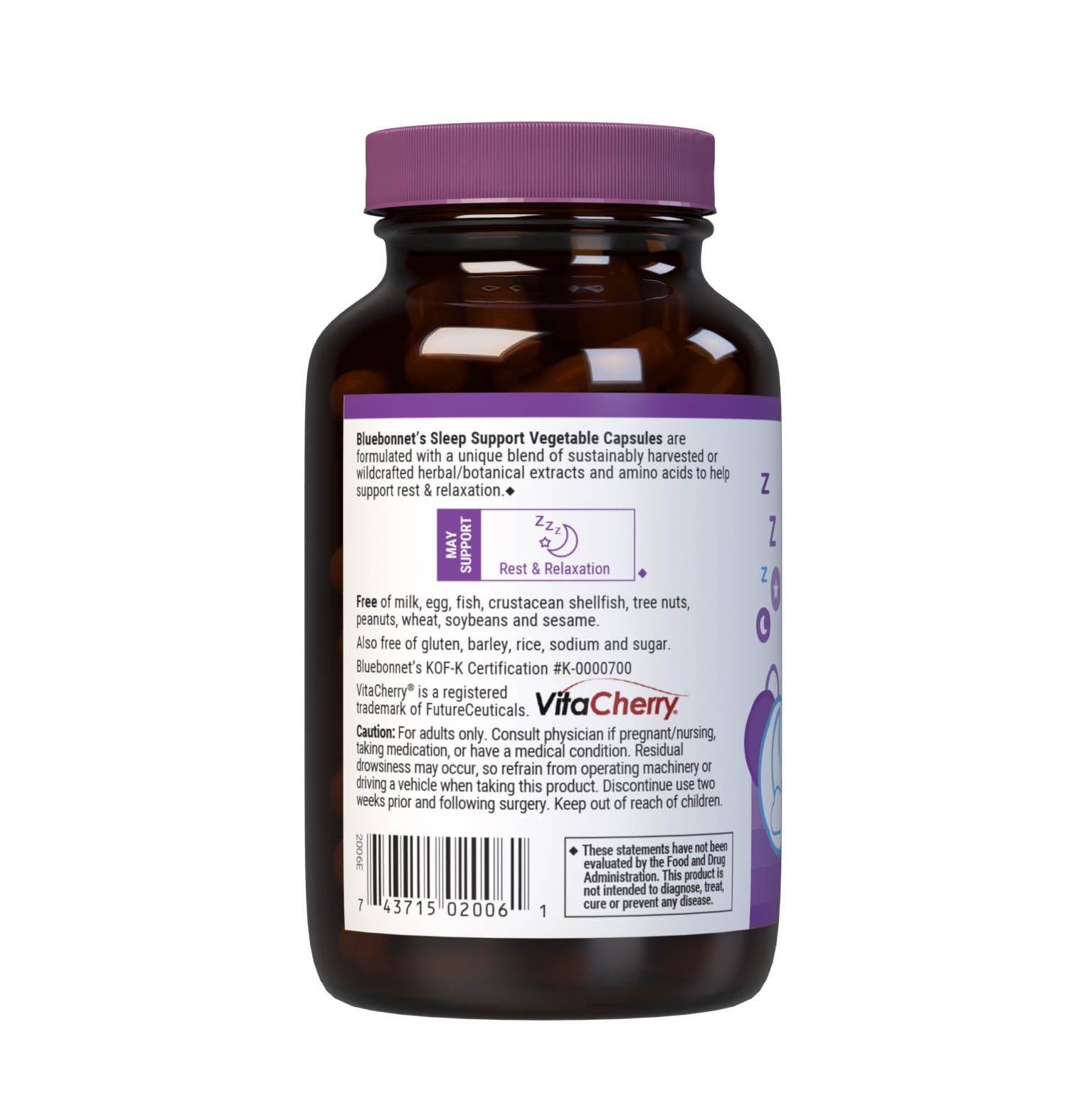 Bluebonnet’s Targeted Choice Sleep Support 60 Vegetable Capsules are specially formulated with a unique blend of whole food nutrients, amino acids and herbal extracts to help promote restful sleep for those affected by occasional sleeplessness. Description panel. #size_60 count