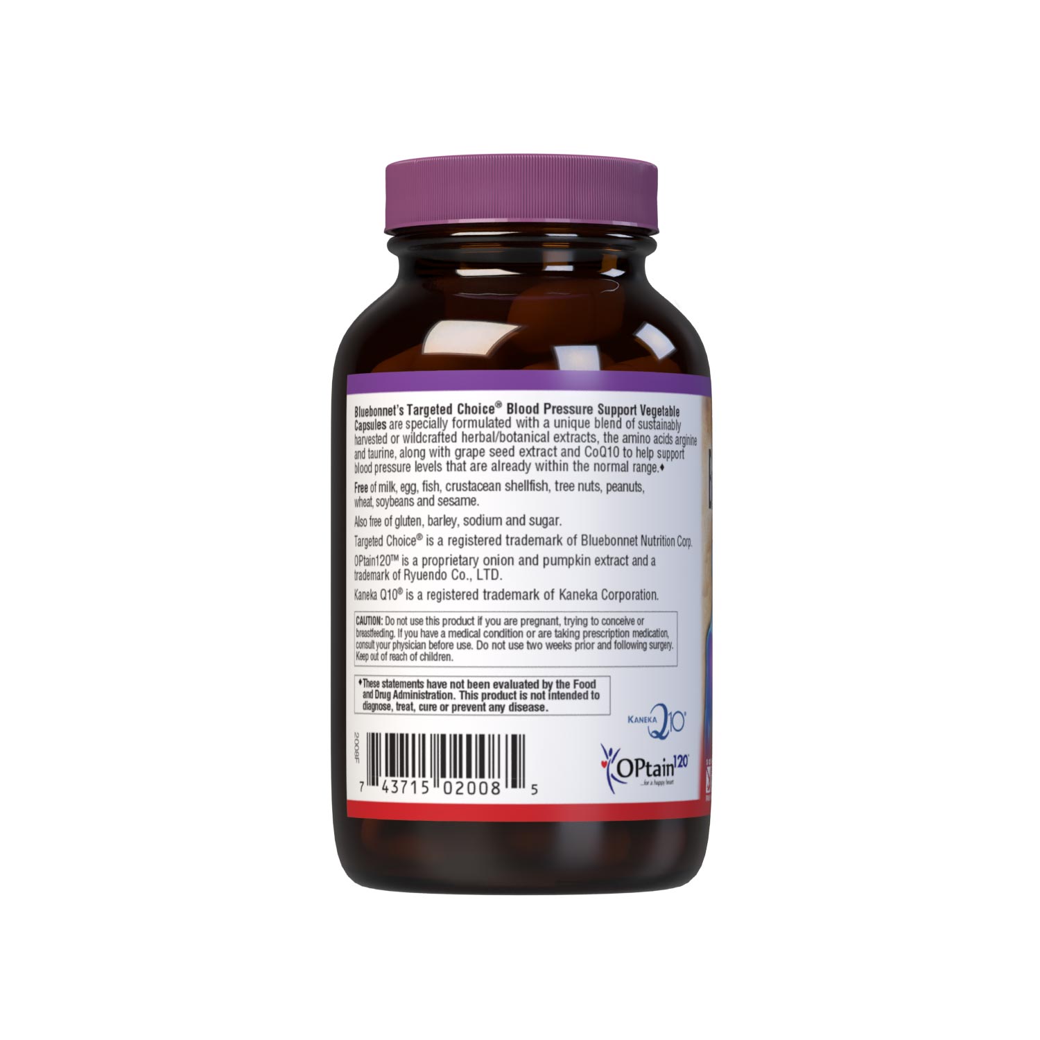 Bluebonnet’s Targeted Choice Blood Pressure Support 60 Vegetable Capsules are specially formulated with a unique blend of sustainably harvested or wildcrafted herbal/botanical extracts, the amino acids arginine and taurine, along with grape seed extract and CoQ10 to help support blood pressure levels that are already within the normal range. Description panel. #size_60 count