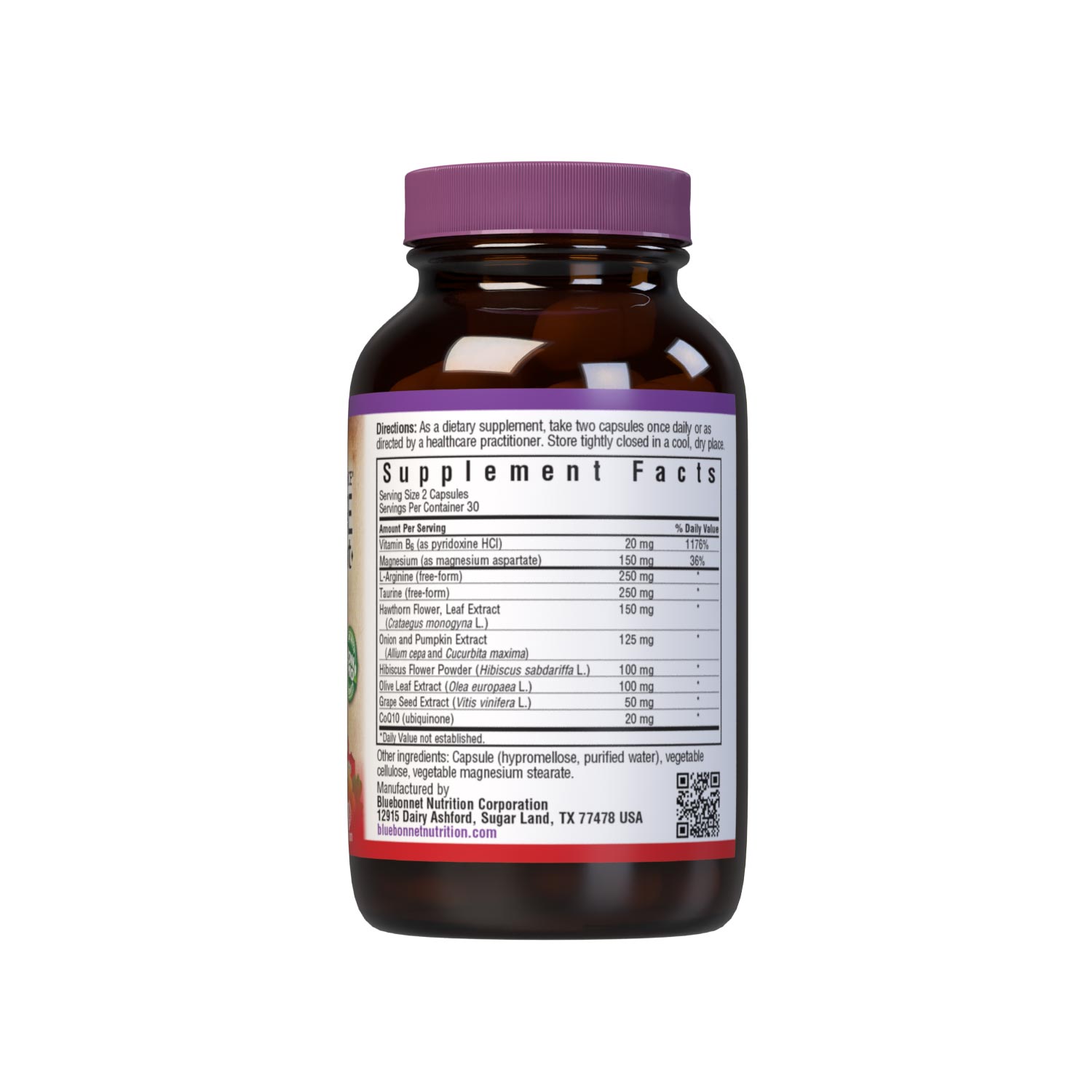Bluebonnet’s Targeted Choice Blood Pressure Support 60 Vegetable Capsules are specially formulated with a unique blend of sustainably harvested or wildcrafted herbal/botanical extracts, the amino acids arginine and taurine, along with grape seed extract and CoQ10 to help support blood pressure levels that are already within the normal range. Supplement facts panel. #size_60 count