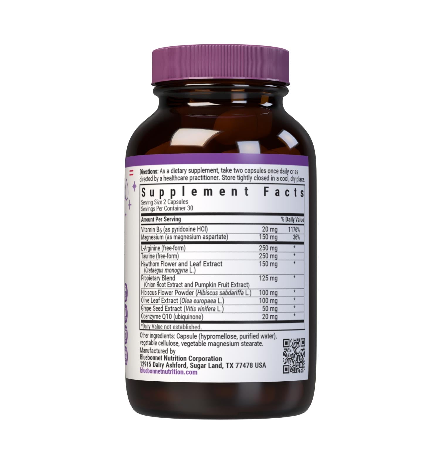 Bluebonnet’s Targeted Choice Blood Pressure Support 60 Vegetable Capsules are specially formulated with a unique blend of sustainably harvested or wildcrafted herbal/botanical extracts, the amino acids arginine and taurine, along with grape seed extract and CoQ10 to help support blood pressure levels that are already within the normal range. Supplement facts panel. #size_60 count