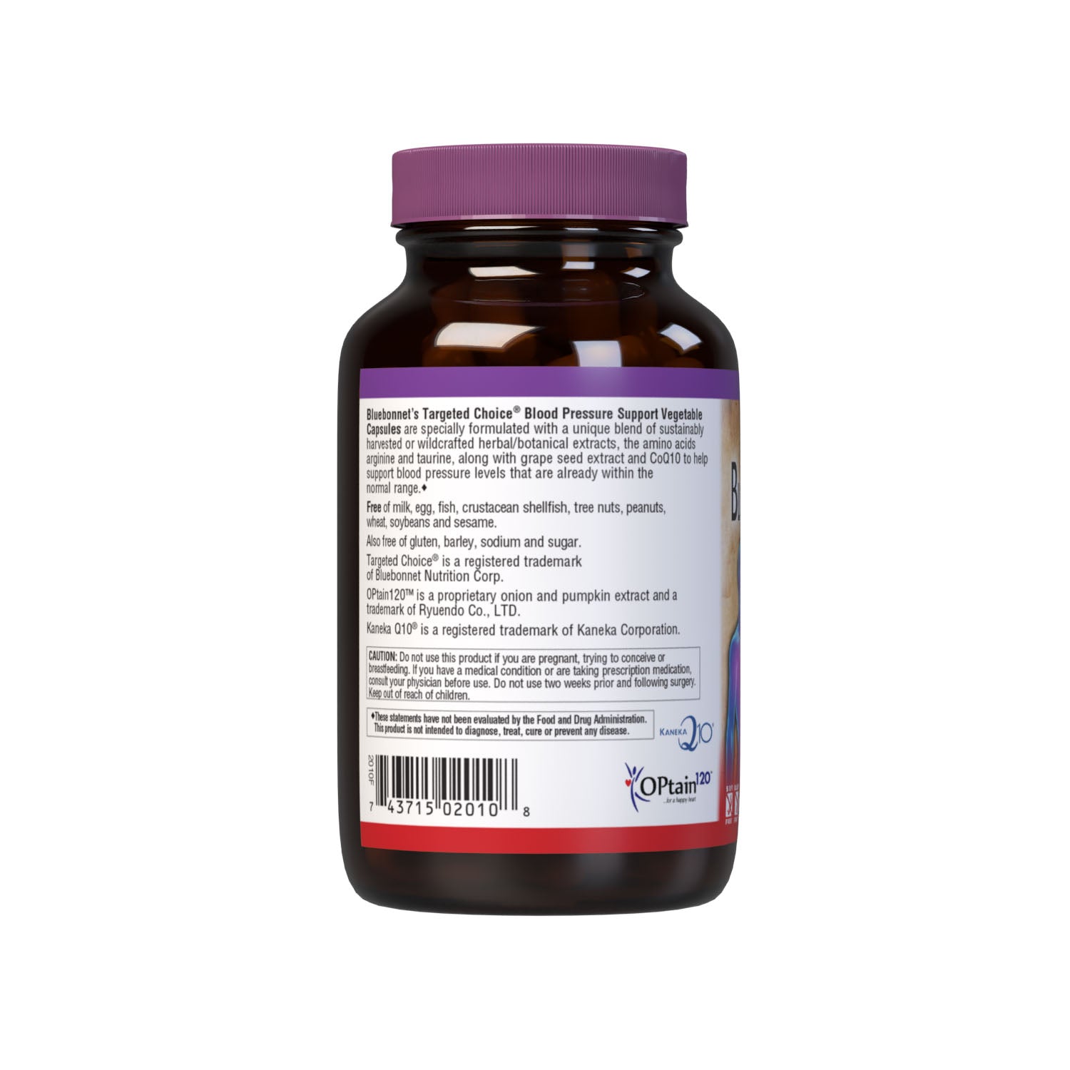 Bluebonnet’s Targeted Choice Blood Pressure Support 90 Vegetable Capsules are specially formulated with a unique blend of sustainably harvested or wildcrafted herbal/botanical extracts, the amino acids arginine and taurine, along with grape seed extract and CoQ10 to help support blood pressure levels that are already within the normal range. Description panel. #size_90 count