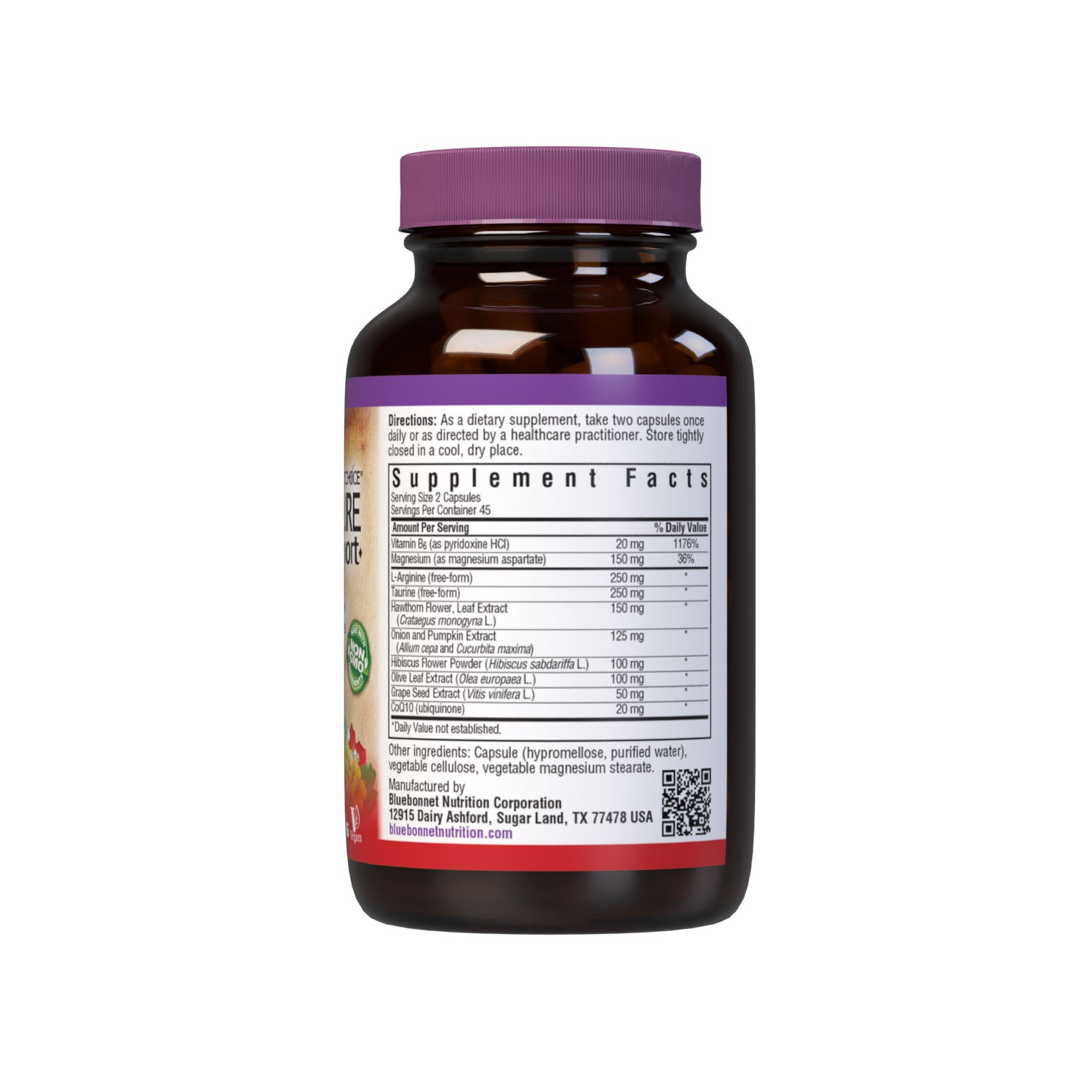 Bluebonnet’s Targeted Choice Blood Pressure Support 90 Vegetable Capsules are specially formulated with a unique blend of sustainably harvested or wildcrafted herbal/botanical extracts, the amino acids arginine and taurine, along with grape seed extract and CoQ10 to help support blood pressure levels that are already within the normal range. Supplement facts panel. #size_90 count