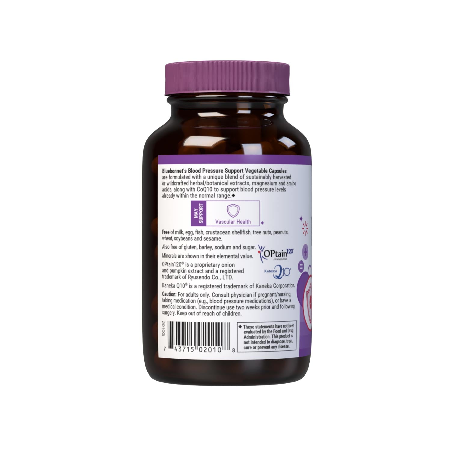 Bluebonnet’s Targeted Choice Blood Pressure Support 60 Vegetable Capsules are specially formulated with a unique blend of sustainably harvested or wildcrafted herbal/botanical extracts, the amino acids arginine and taurine, along with grape seed extract and CoQ10 to help support blood pressure levels that are already within the normal range. Description panel. #size_90 count