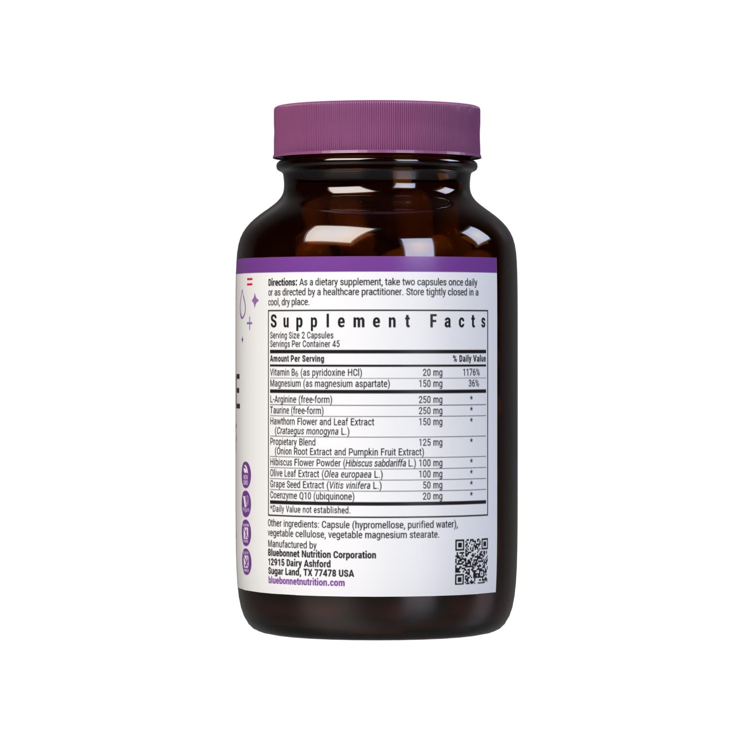 Bluebonnet’s Targeted Choice Blood Pressure Support 60 Vegetable Capsules are specially formulated with a unique blend of sustainably harvested or wildcrafted herbal/botanical extracts, the amino acids arginine and taurine, along with grape seed extract and CoQ10 to help support blood pressure levels that are already within the normal range. Supplement facts panel. #size_90 count