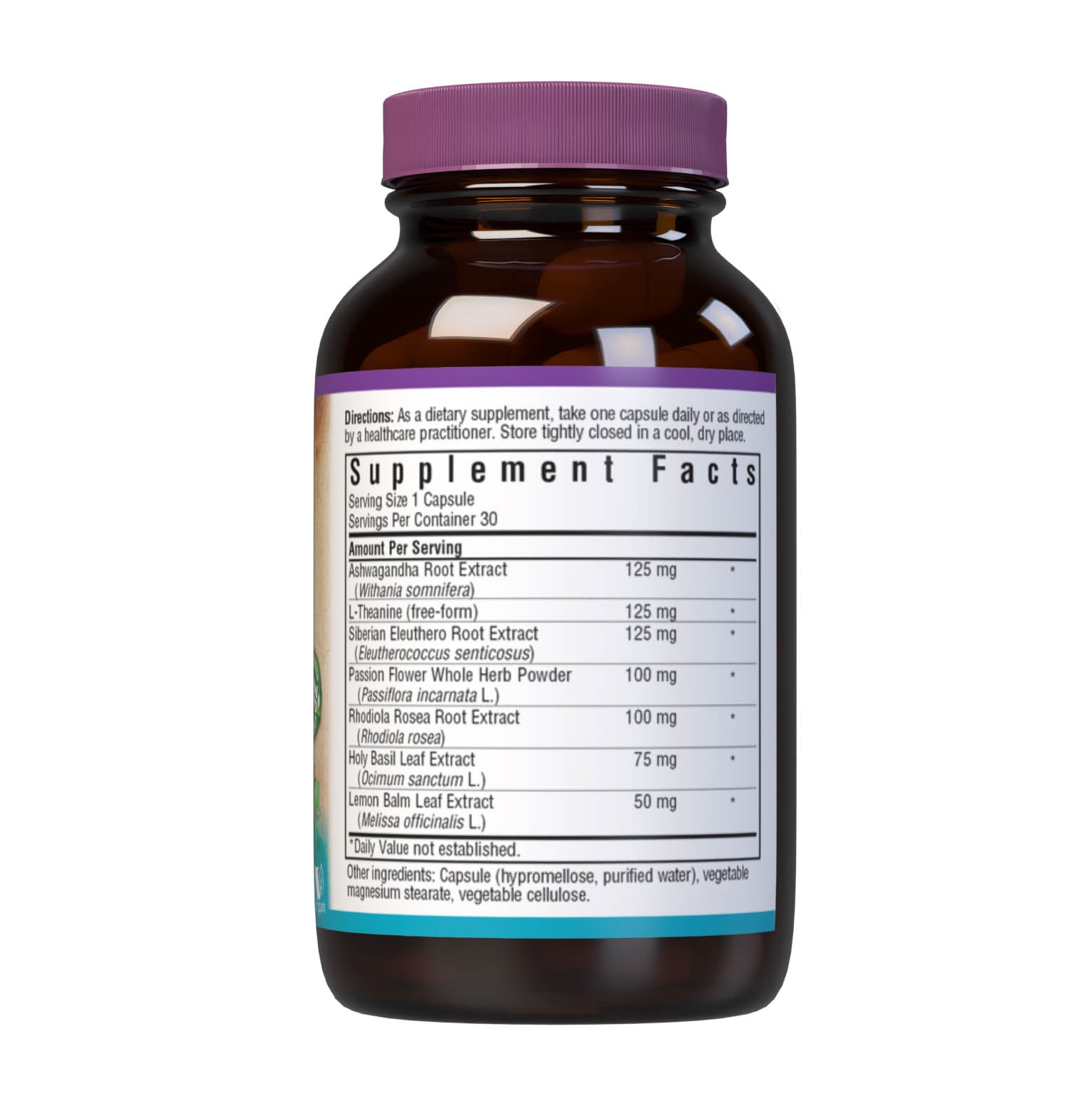 Bluebonnet’s Targeted Choice Stress Relief 30 Vegetable Capsules are specially formulated with a unique blend of sustainably harvested or wildcrafted herbal extracts, along with the amino acid derivative, L-theanine, to help the body and mind adapt and cope with occasional stressors while promoting an overall sense of relaxation. Supplement facts panel. #size_30 count