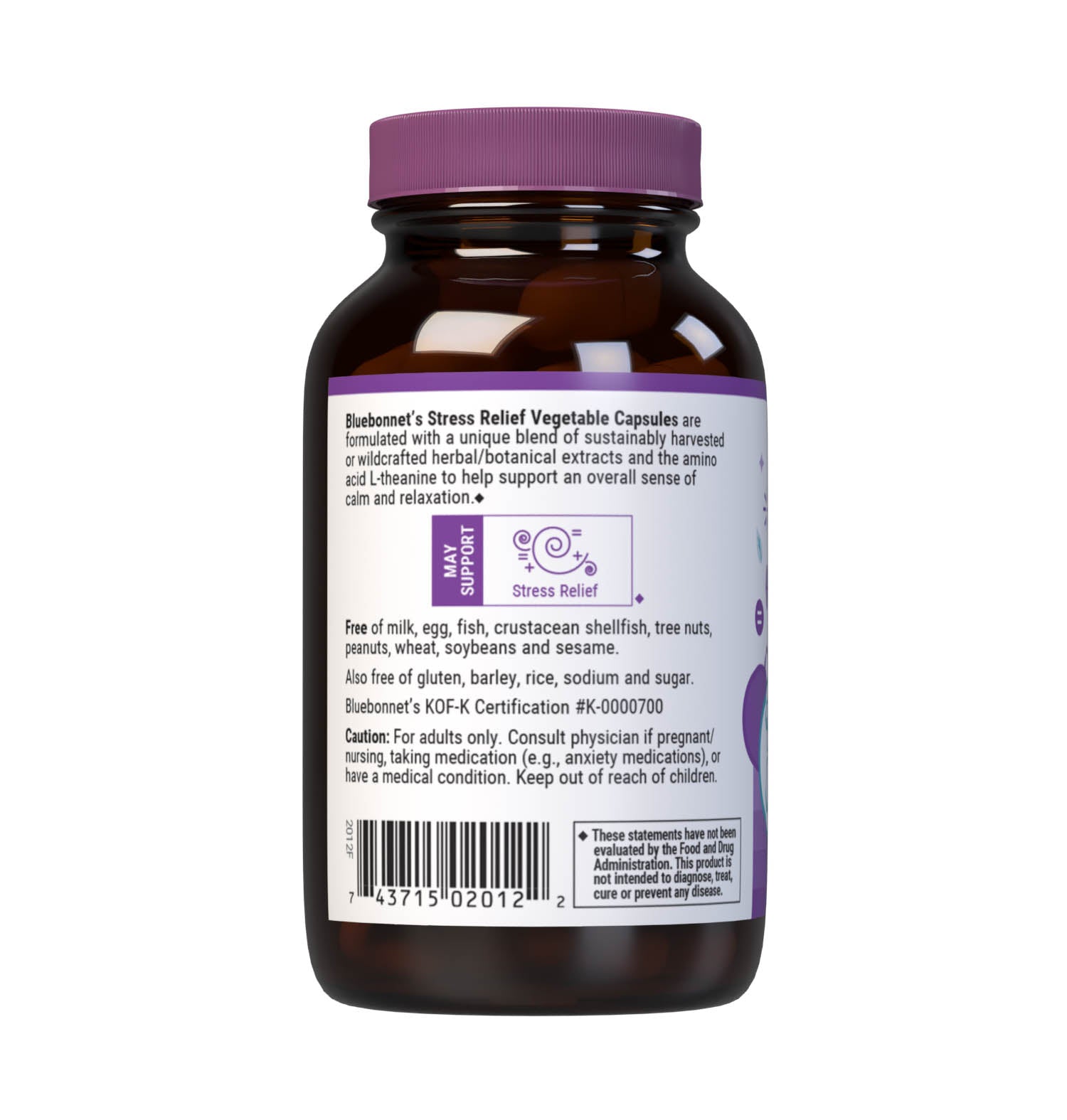 Bluebonnet’s Targeted Choice Stress Relief 30 Vegetable Capsules are specially formulated with a unique blend of sustainably harvested or wildcrafted herbal extracts, along with the amino acid derivative, L-theanine, to help the body and mind adapt and cope with occasional stressors while promoting an overall sense of relaxation. Description panel. #size_30 count