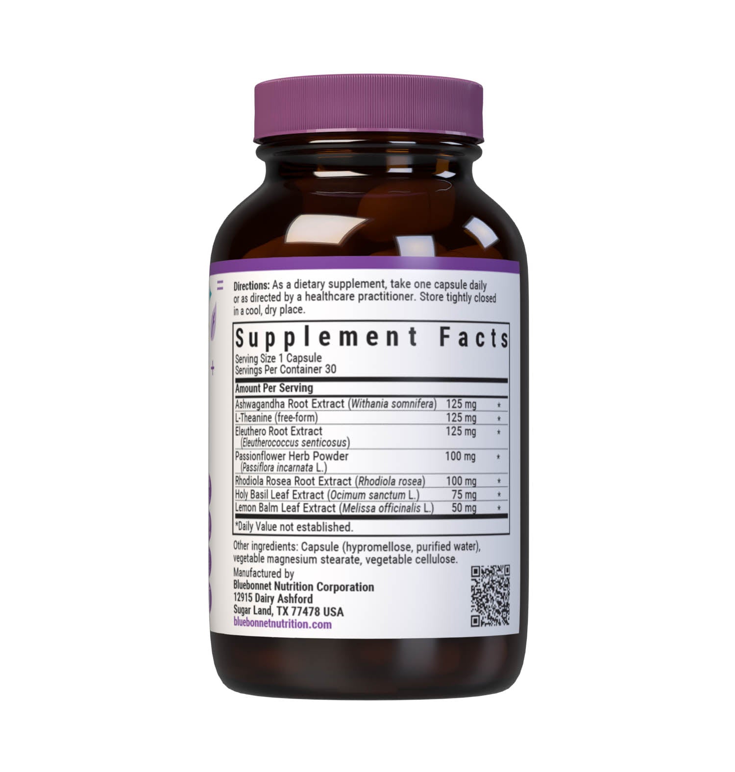 Bluebonnet’s Targeted Choice Stress Relief 30 Vegetable Capsules are specially formulated with a unique blend of sustainably harvested or wildcrafted herbal extracts, along with the amino acid derivative, L-theanine, to help the body and mind adapt and cope with occasional stressors while promoting an overall sense of relaxation. Supplement facts panel. #size_30 count