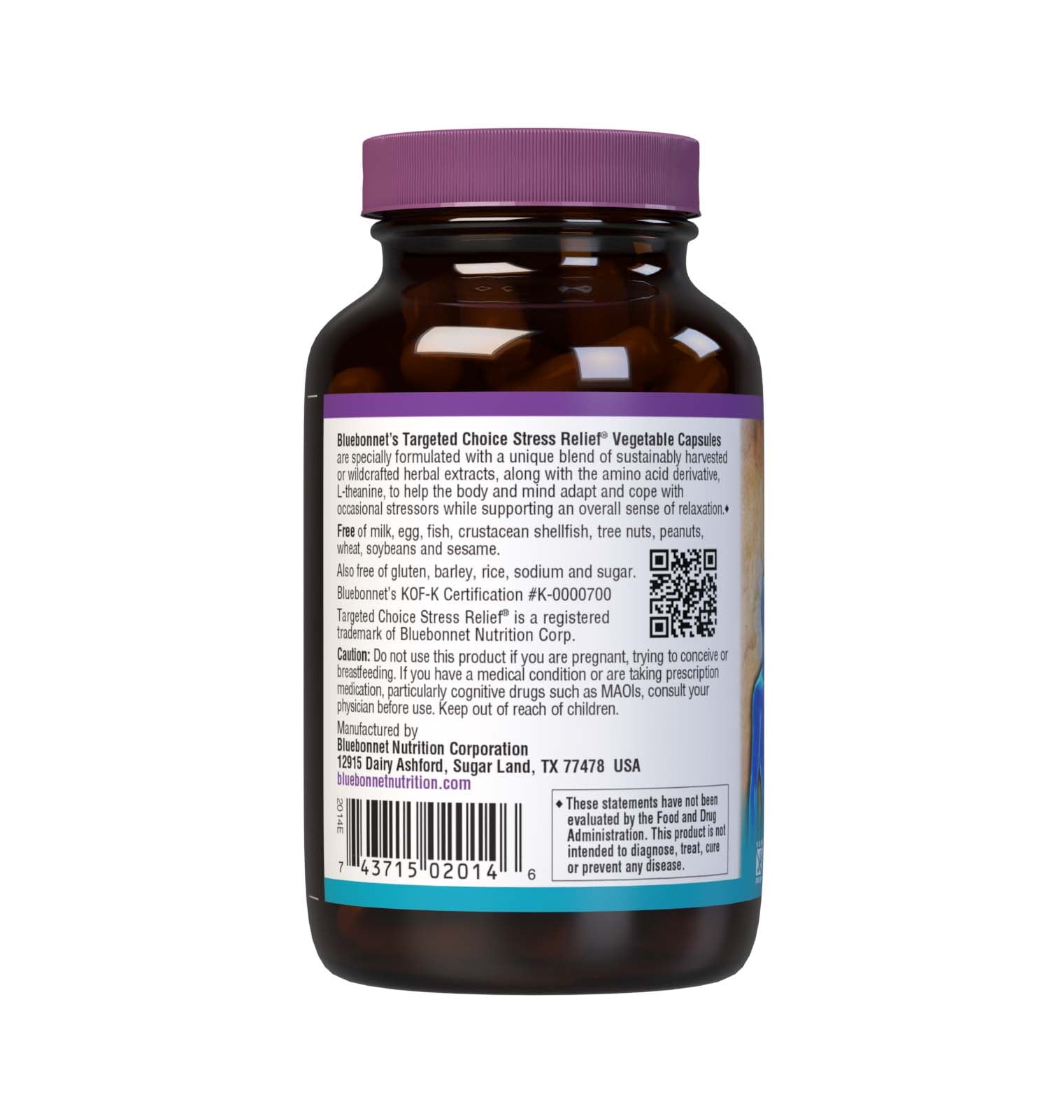 Bluebonnet’s Targeted Choice Stress Relief 60 Vegetable Capsules are specially formulated with a unique blend of sustainably harvested or wildcrafted herbal extracts, along with the amino acid derivative, L-theanine, to help the body and mind adapt and cope with occasional stressors while promoting an overall sense of relaxation. Description panel. #size_60 count