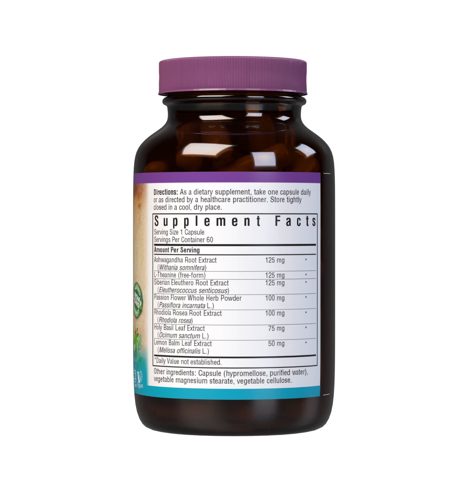 Bluebonnet’s Targeted Choice Stress Relief 60 Vegetable Capsules are specially formulated with a unique blend of sustainably harvested or wildcrafted herbal extracts, along with the amino acid derivative, L-theanine, to help the body and mind adapt and cope with occasional stressors while promoting an overall sense of relaxation. Supplement facts panel. #size_60 count