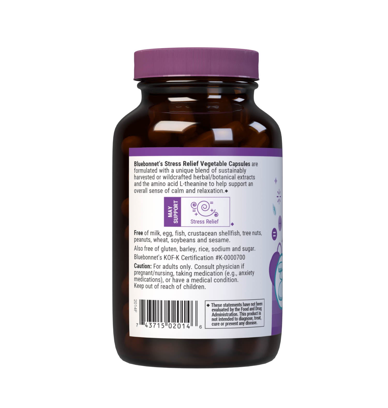 Bluebonnet’s Targeted Choice Stress Relief 60 Vegetable Capsules are specially formulated with a unique blend of sustainably harvested or wildcrafted herbal extracts, along with the amino acid derivative, L-theanine, to help the body and mind adapt and cope with occasional stressors while promoting an overall sense of relaxation. Description panel. #size_60 count