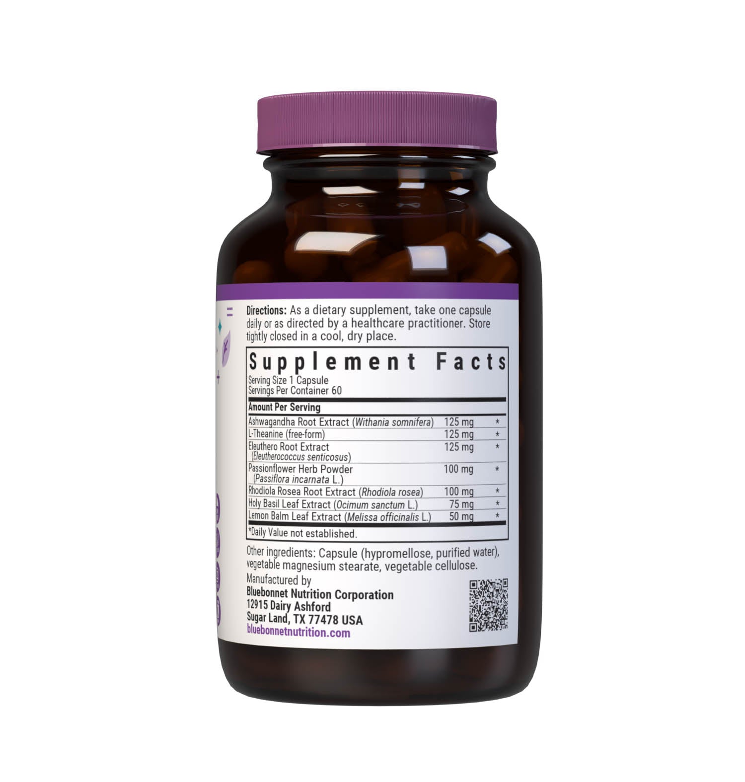 Bluebonnet’s Targeted Choice Stress Relief 60 Vegetable Capsules are specially formulated with a unique blend of sustainably harvested or wildcrafted herbal extracts, along with the amino acid derivative, L-theanine, to help the body and mind adapt and cope with occasional stressors while promoting an overall sense of relaxation. Supplement facts panel. #size_60 count