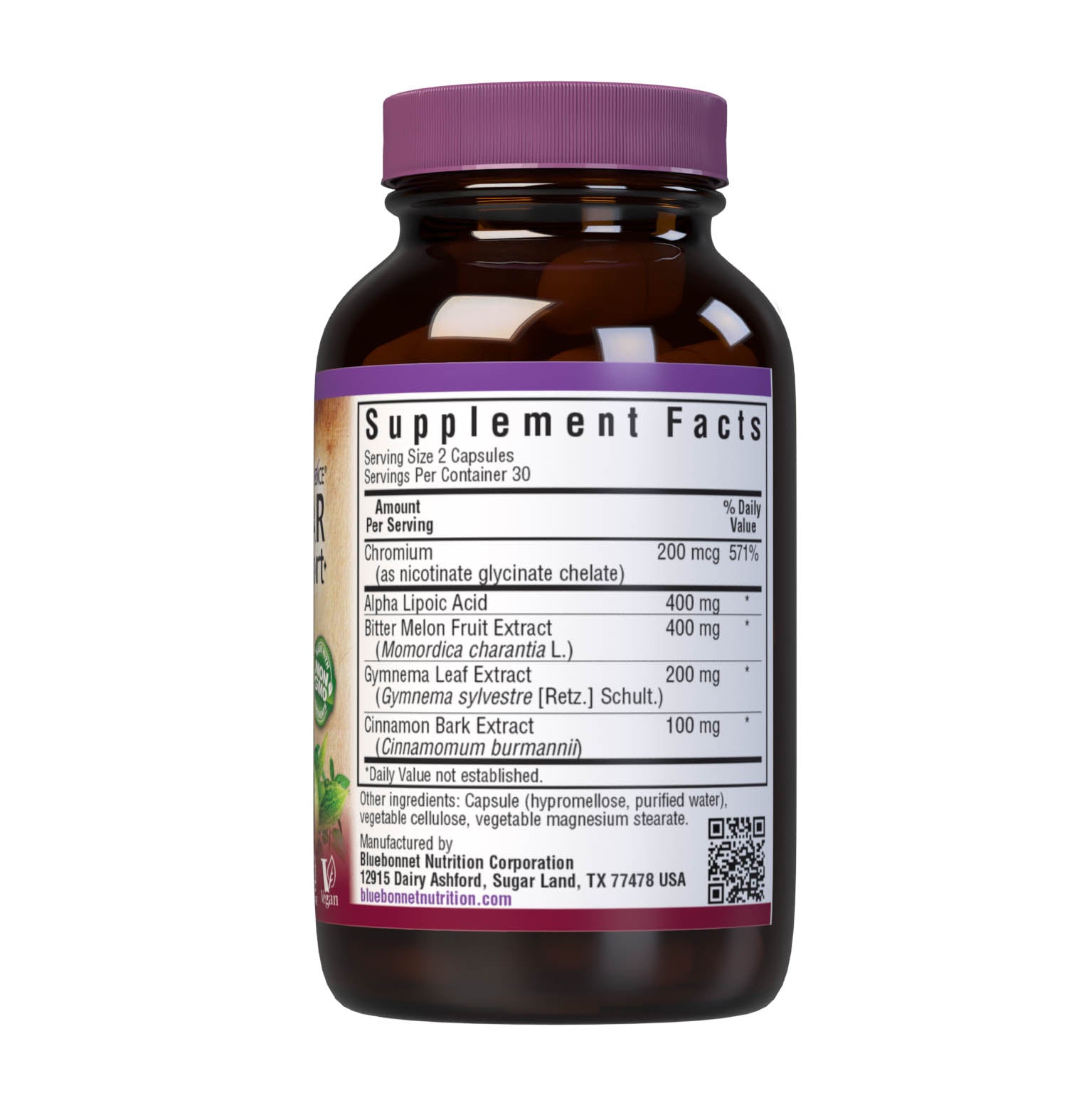 Bluebonnet’s Targeted Choice Blood Sugar Support 60 Vegetable Capsules are specially formulated with a unique blend of sustainably harvested or wildcrafted herbal/botanical extracts, chelated chromium, plus alpha lipoic acid to help maintain healthy blood glucose levels already within the normal range. Supplement facts panel. #size_60 count