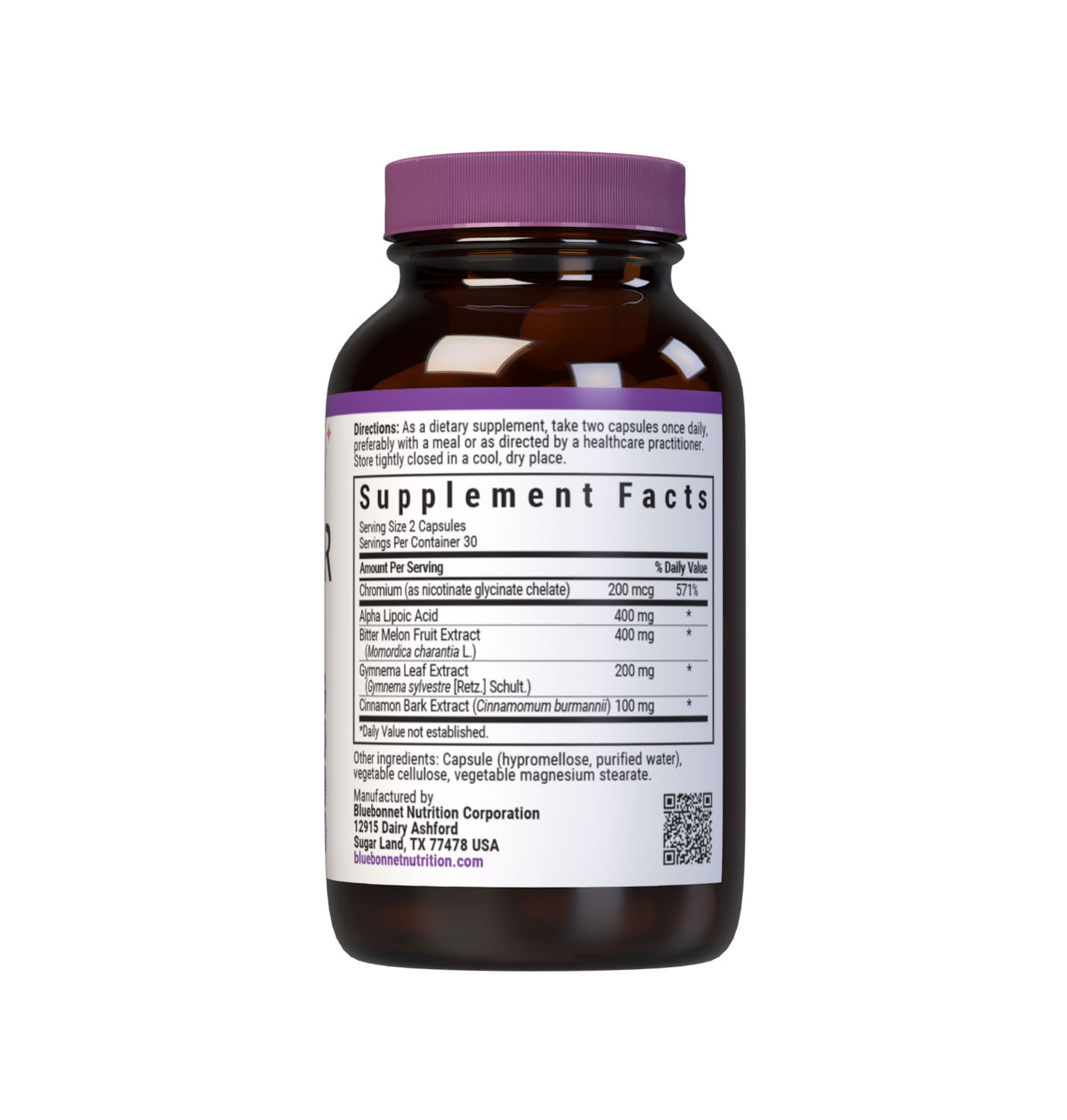 Bluebonnet’s Targeted Choice Blood Sugar Support 60 Vegetable Capsules are specially formulated with a unique blend of sustainably harvested or wildcrafted herbal/botanical extracts, chelated chromium, plus alpha lipoic acid to help maintain healthy blood glucose levels already within the normal range. Supplement facts panel. #size_60 count