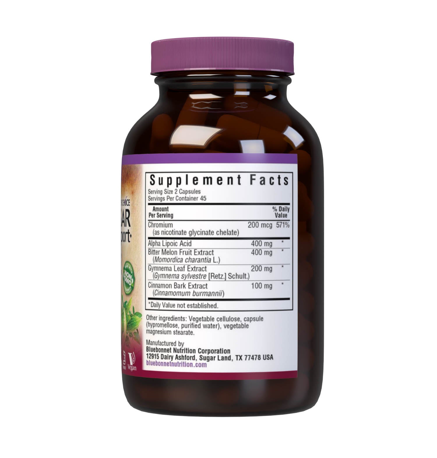 Bluebonnet’s Targeted Choice Blood Sugar Support 90 Vegetable Capsules are specially formulated with a unique blend of sustainably harvested or wildcrafted herbal/botanical extracts, chelated chromium, plus alpha lipoic acid to help maintain healthy blood glucose levels already within the normal range. Supplement facts panel. #size_90 count