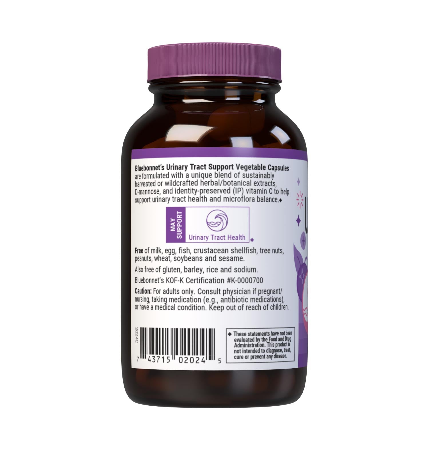 Bluebonnet’s Targeted Choice Urinary Tract Support Capsules are specially formulated with a blend of D-mannose, cranberry fruit extract and identity-preserved (IP) vitamin C along with complementary, sustainably harvested or wildcrafted herbs and botanicals. This soothing maintenance formula helps support a healthy urinary tract by flushing waste from the system and providing a nourishing environment for healthy flora to thrive. Description panel. #size_30 count