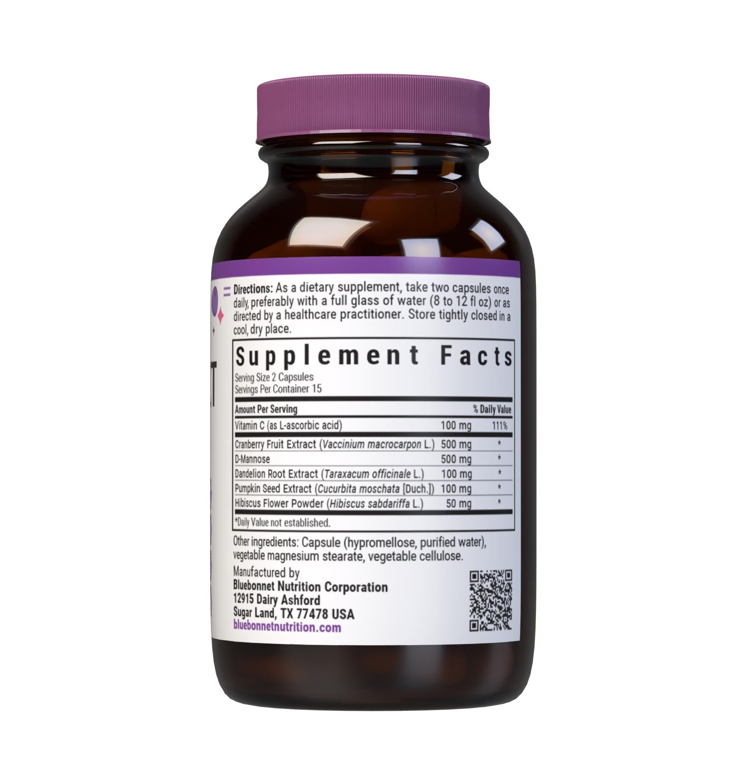 Bluebonnet’s Targeted Choice Urinary Tract Support Capsules are specially formulated with a blend of D-mannose, cranberry fruit extract and identity-preserved (IP) vitamin C along with complementary, sustainably harvested or wildcrafted herbs and botanicals. This soothing maintenance formula helps support a healthy urinary tract by flushing waste from the system and providing a nourishing environment for healthy flora to thrive. Supplement facts panel. #size_30 count