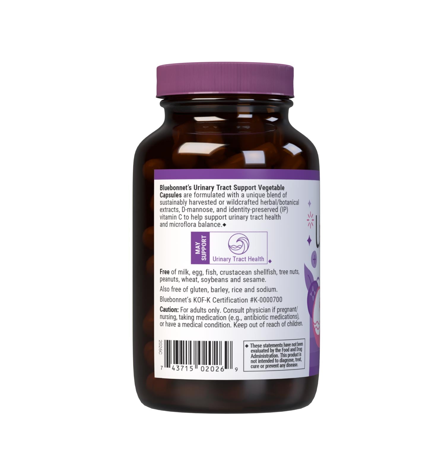 Bluebonnet’s Targeted Choice Urinary Tract Support Capsules are specially formulated with a blend of D-mannose, cranberry fruit extract and identity-preserved (IP) vitamin C along with complementary, sustainably harvested or wildcrafted herbs and botanicals. This soothing maintenance formula helps support a healthy urinary tract by flushing waste from the system and providing a nourishing environment for healthy flora to thrive. Description panel. #size_60 count