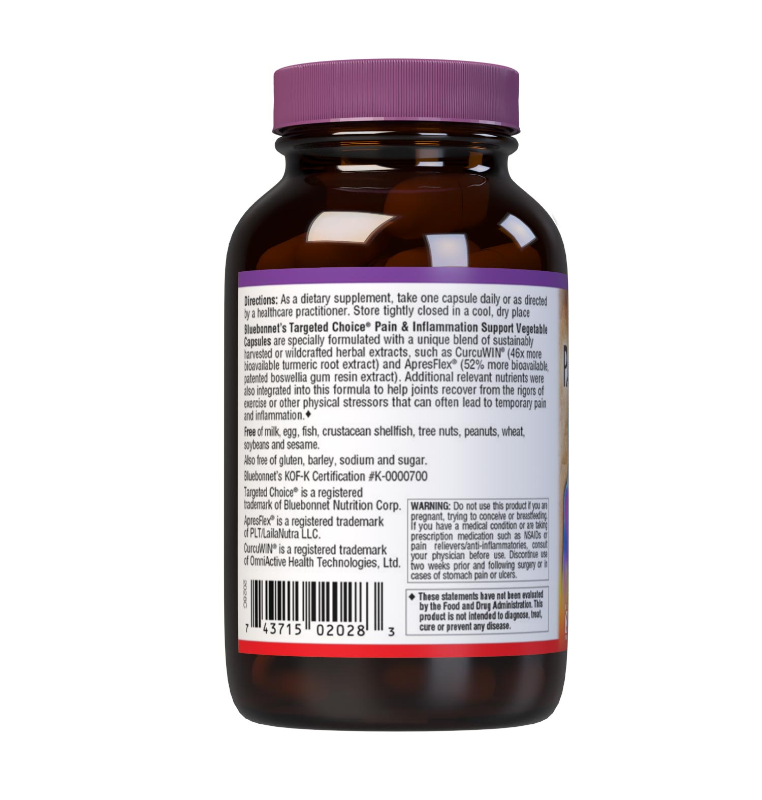 Bluebonnet’s Targeted Choice Pain and Inflammation Support 30 Vegetable Capsules are specially formulated with a unique blend of sustainably harvested or wildcrafted herbal extracts, such as CurcuWin (46 x more bioavailable turmeric root extract) and ApresFlex (52% more bioavailable, patent-pending boswellia gum resin extract). Description panel. #size_30 count